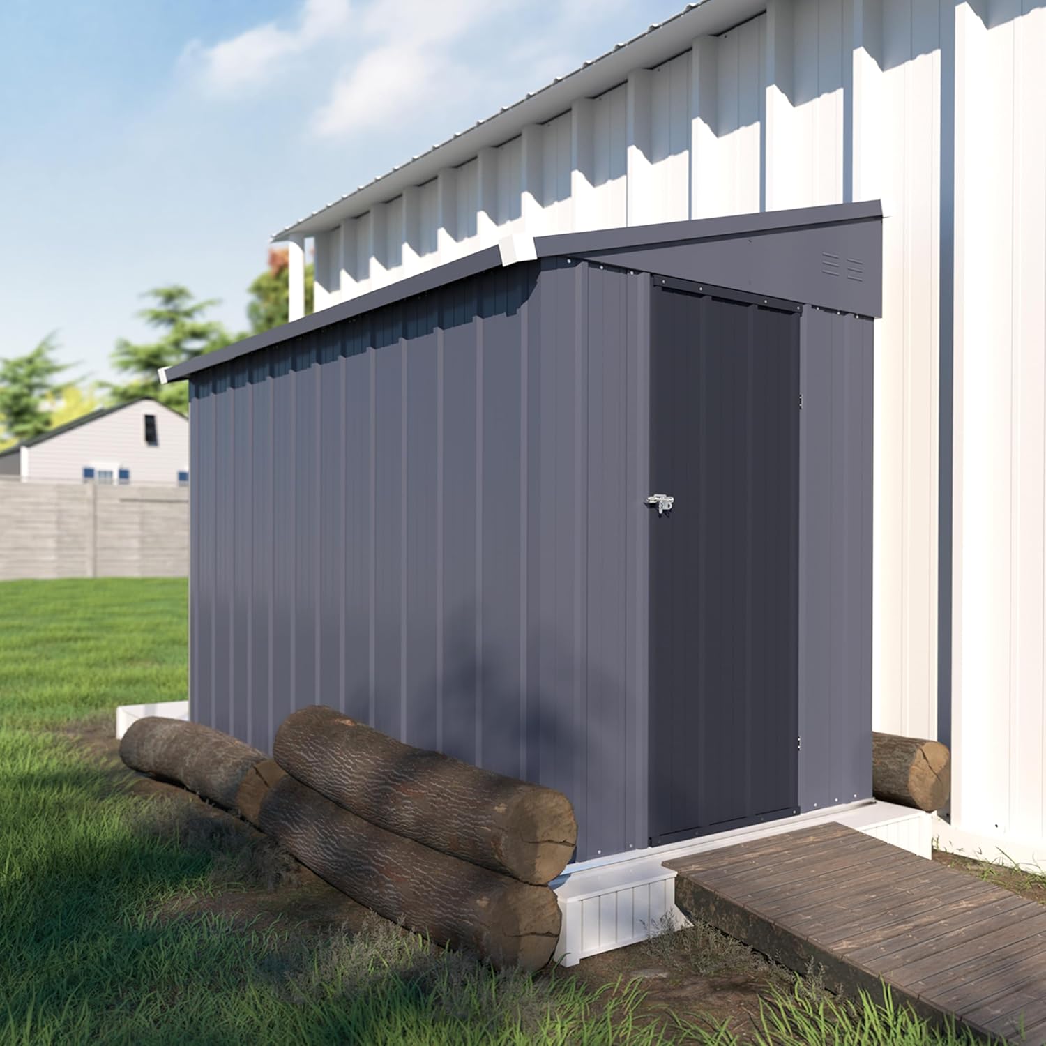 4x8 FT Outdoor Lean-to Metal Storage Shed, Garden Tool Shed Kit with Door & Lock, Waterproof Patio Utility Tool Shed for Garden and Backyard, Gray