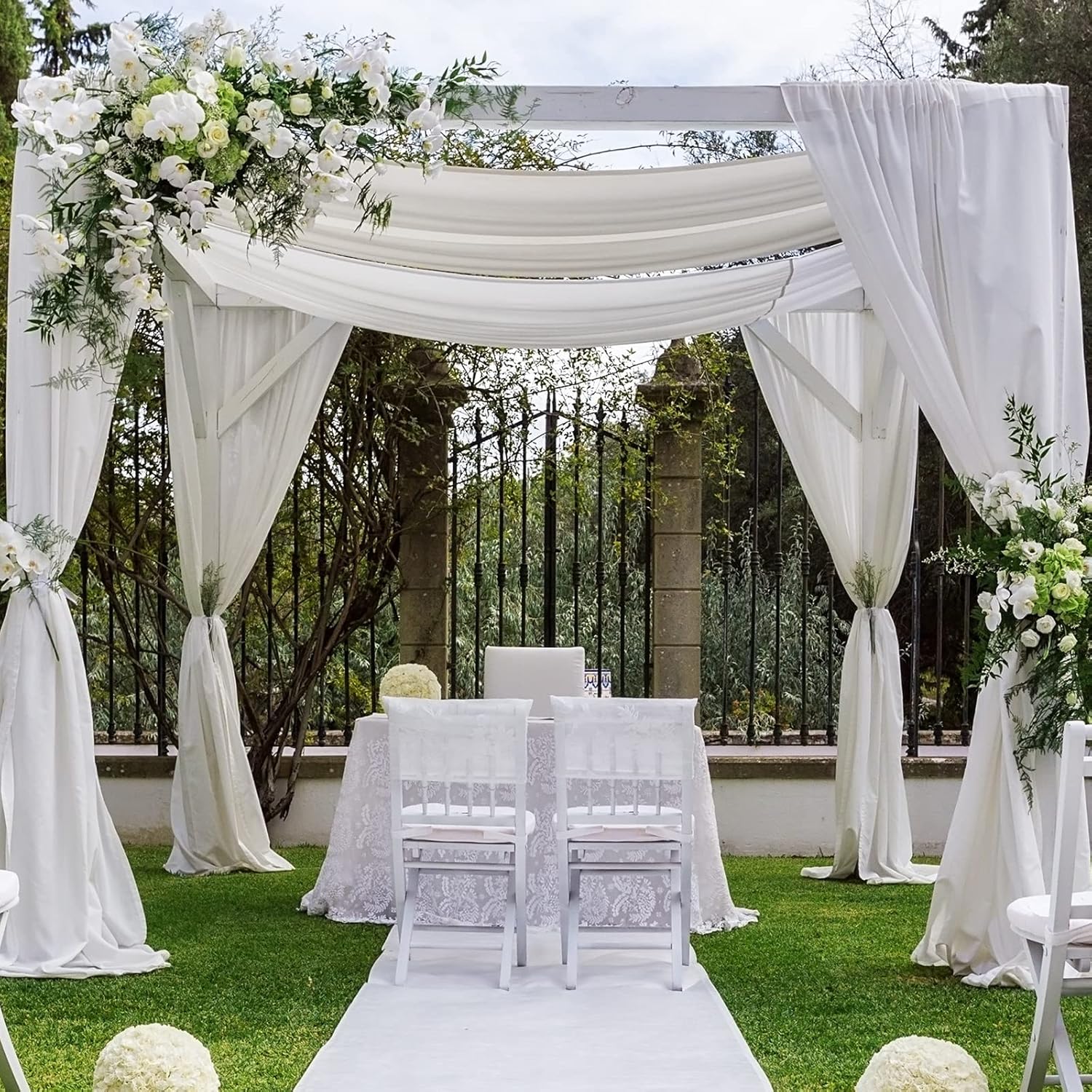 Frienda 6 Pieces White Wedding Ceiling Drapes 5 ft x 20 ft Long Chiffon Curtains Fabric White Ceiling Drapes Hanging Kit for Wedding Party Tent Ceremony Stage Swag Draping Decorations
