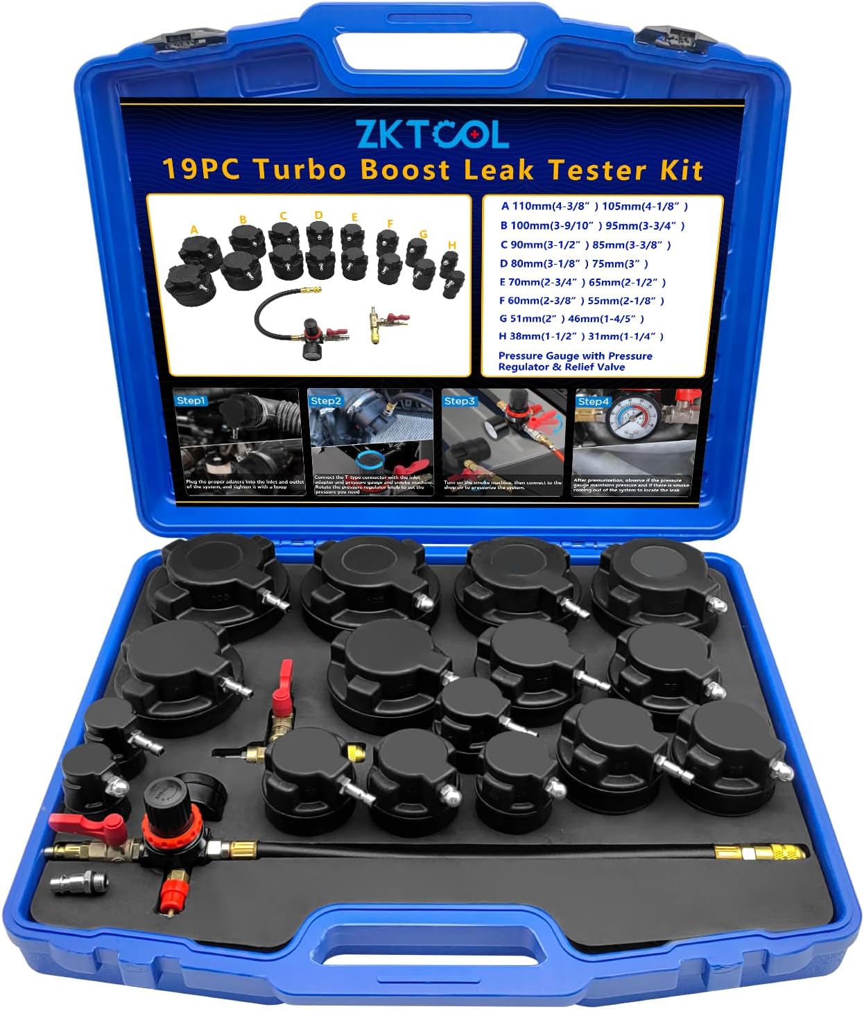ZKTOOL Turbo System Leakage Tester Kit, 19pc Turbo Boost Leak Tester Set with 8 Pairs of Stepped Adapters 1-1/4” to 4-3/8