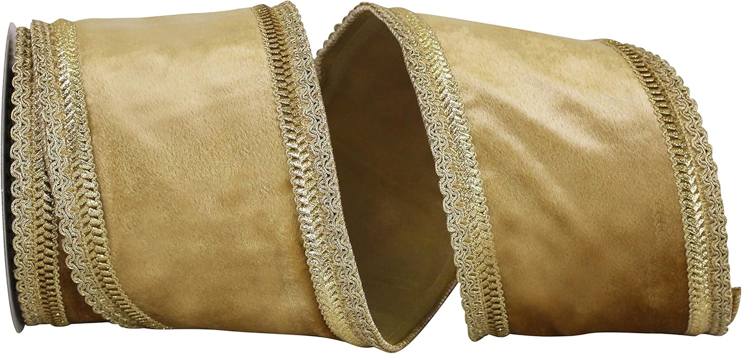 Reliant Ribbon Plush Velvet Trim Wired Edge Ribbon, 4 Inch X 5 Yards, White/Gold