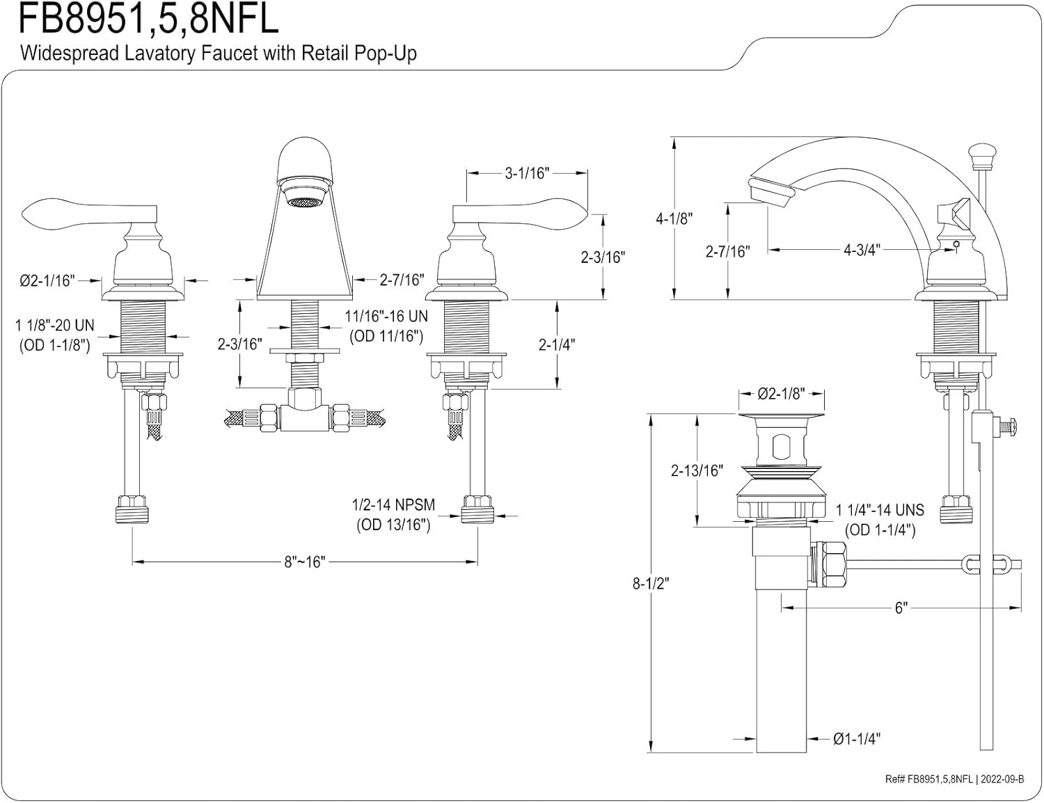 Kingston Brass FB8958NFL NuWave French Mini-Widespread Lavatory Faucet with Retail Pop-Up, 5