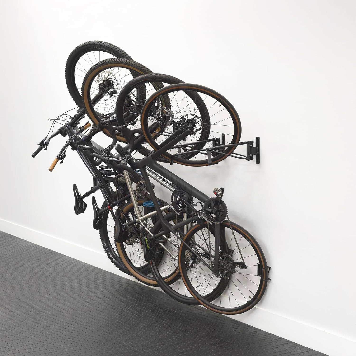 StoreYourBoard SwivelStow Bike Rack Garage Storage Rack 4 Pack - 2 MTB & 2 Road & Gravel Bike Wall Mounts - Heavy Duty Bike Hanger - No-Lift Bike Rack Garage Storage Rack - Holds 70 lb Capacity