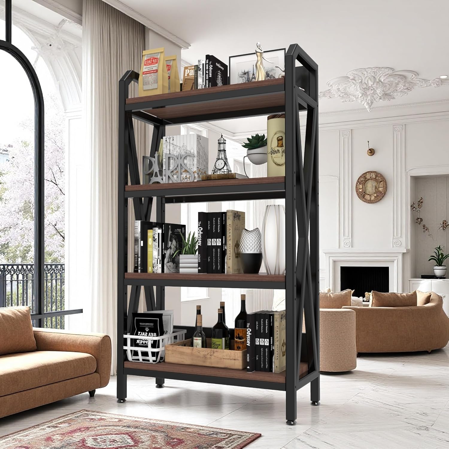 KEIKI 4-Tier Kitchen Bakers Rack with Storage, 55'' Microwave Stand, Bookcase Shelf Adjustable Shelves Freestanding, Bakers Rack for Kitchen, Garage, Pantry, Bathroom