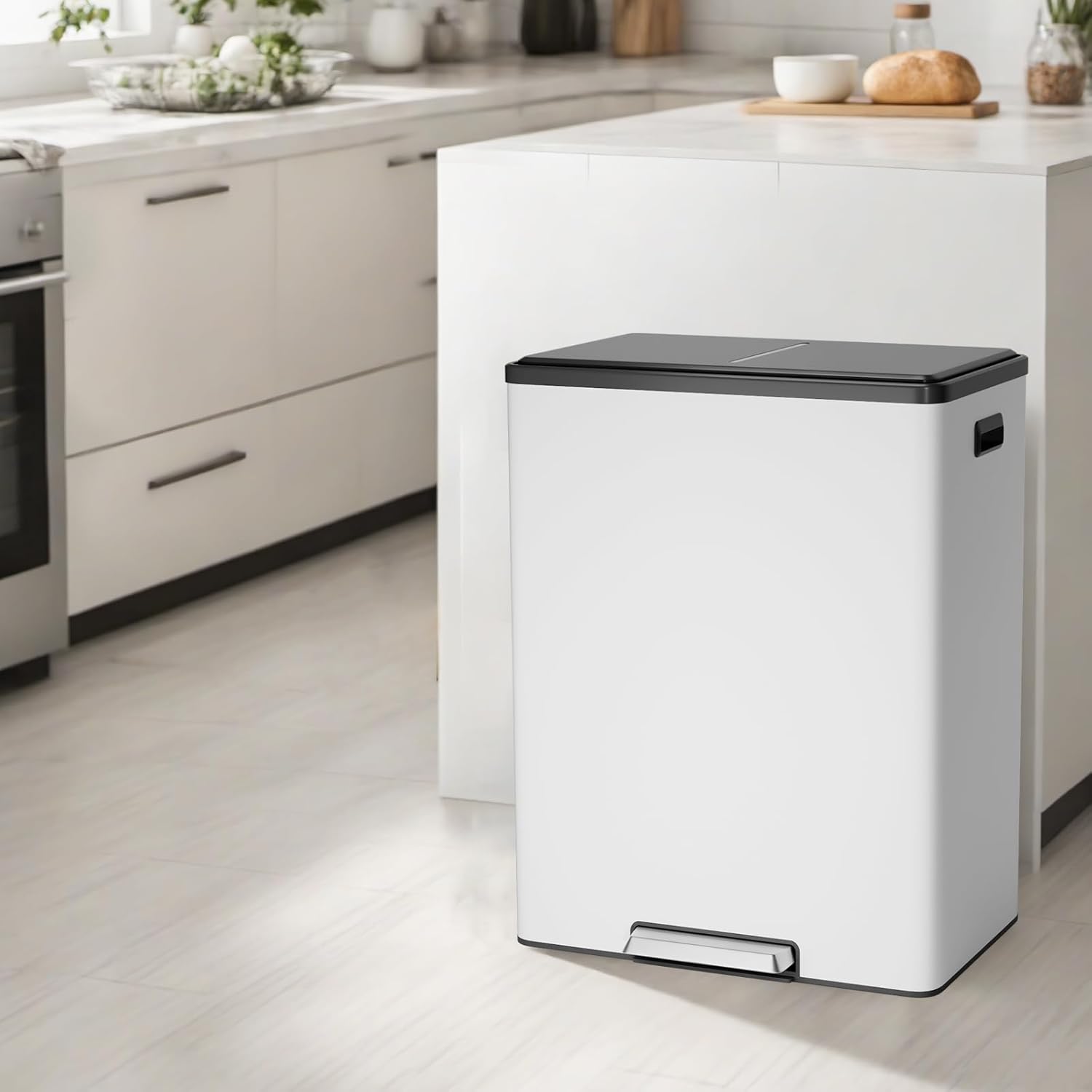 Kitchen Trash Can, 16 Gallon Dual Compartment Trash Bin, Stainless Steel Garbage Can with Soft Close Lid and Foot Pedal, Rubbish Bin with Removable Inner Buckets for Home Office