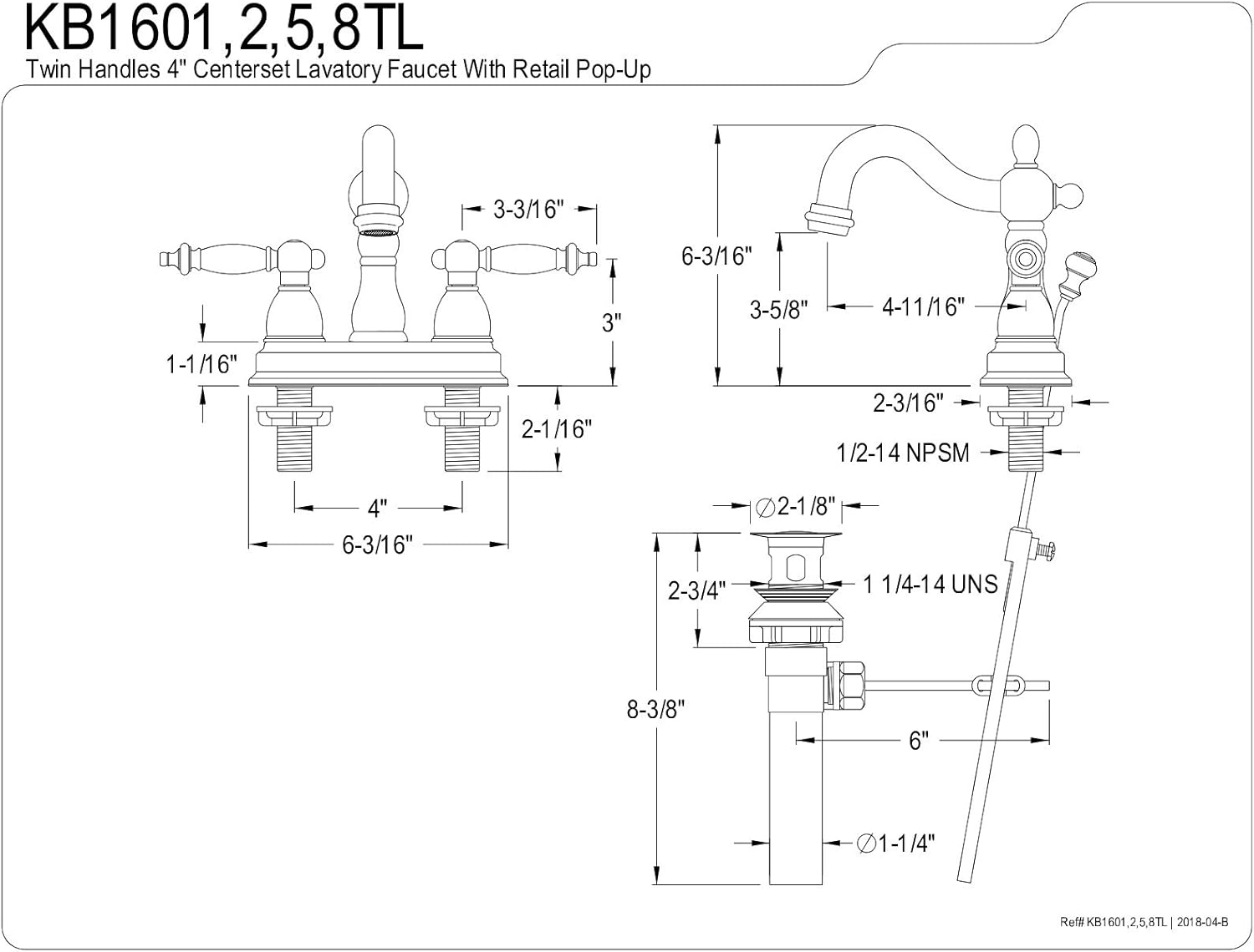 Kingston Brass KB1608TL Heritage 4-inch Centerset Lavatory Faucet with Metal Lever Handle, Brushed Nickel