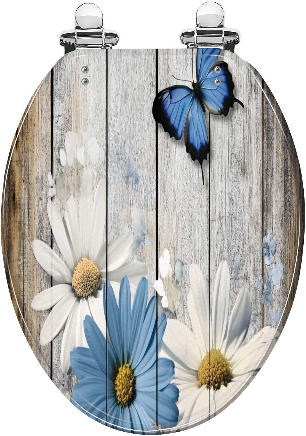 Elongated Toilet Seat Flower Shower Daisy Wild Rustic Floral Blue Daisies Butterfly Wooden Art Resin Toilet Seat with Cover Easy to Install Quietly Close Quick Release Hinges Decorative
