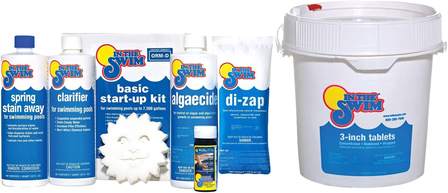 In The Swim Chlorine and Shock Bundle for Sanitizing Swimming Pools – Includes 50 Pound Bucket of 3 Inch Stabilized Chlorine Tablets and 24 x 1 Pound Bags of 68% Cal-Hypo Pool Shock