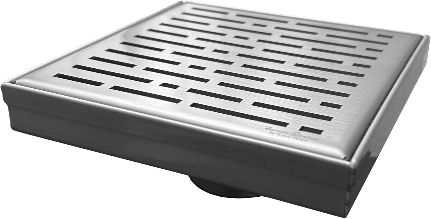 SereneDrains 304 Stainless Steel 6 Inch Square Polished Chrome Shower Drain Kit for Tile Floor Drain Grate Cover Hair Catcher Trap Strainer Filter (Polished Chrome, Traditional Square Design)