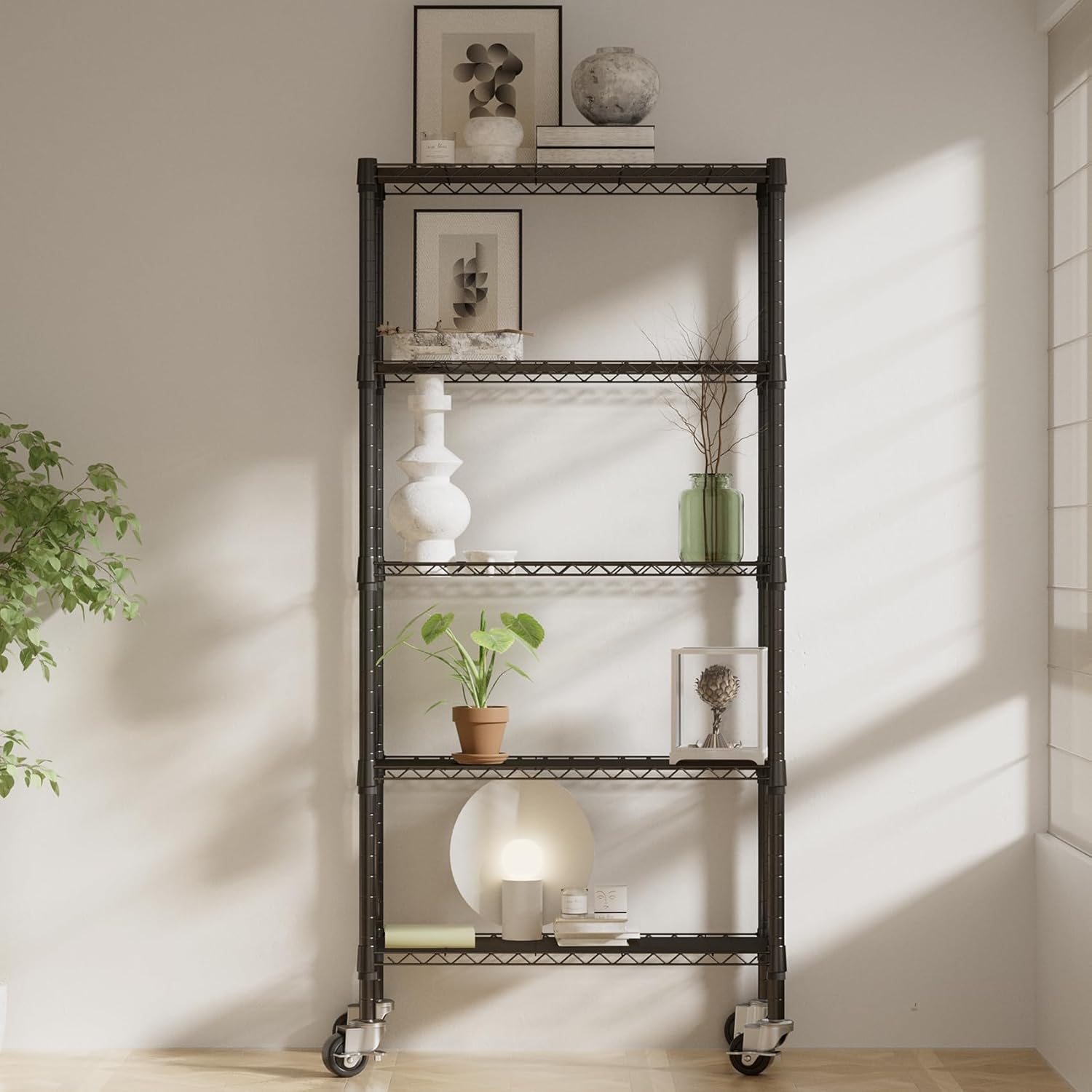 2 Pack 5 Tier Shelving Unit Wire Rack, Heavy Duty Adjustable Shelf Rolling Storage Shelves with Wheels, 14