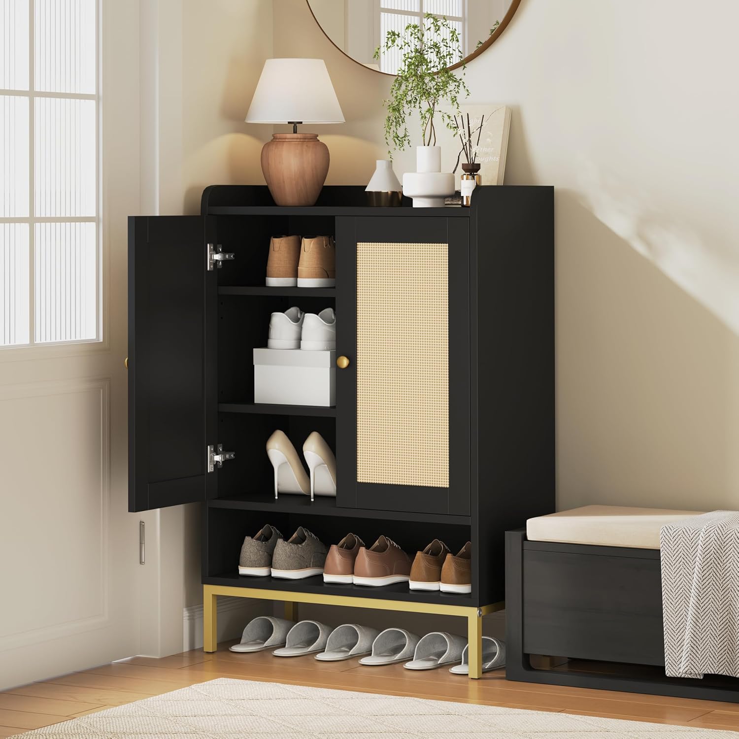 JASIWAY Rattan Shoe Cabinet Storage for Entryway, Shoe Cabinet with Adjustable Shelves for Entryway, 5-Tier, 20 Pair Shoe Rack Storage for Hallway, Closet, Living Room, Natural