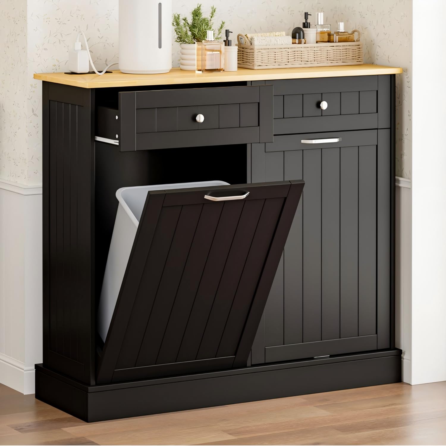 GAZHOME 20 Gallon Double Tilt Out Wooden Trash Cabinet with Charging Station, Upgrade Free Standing Recycling Cabinet with Outlet,Gray