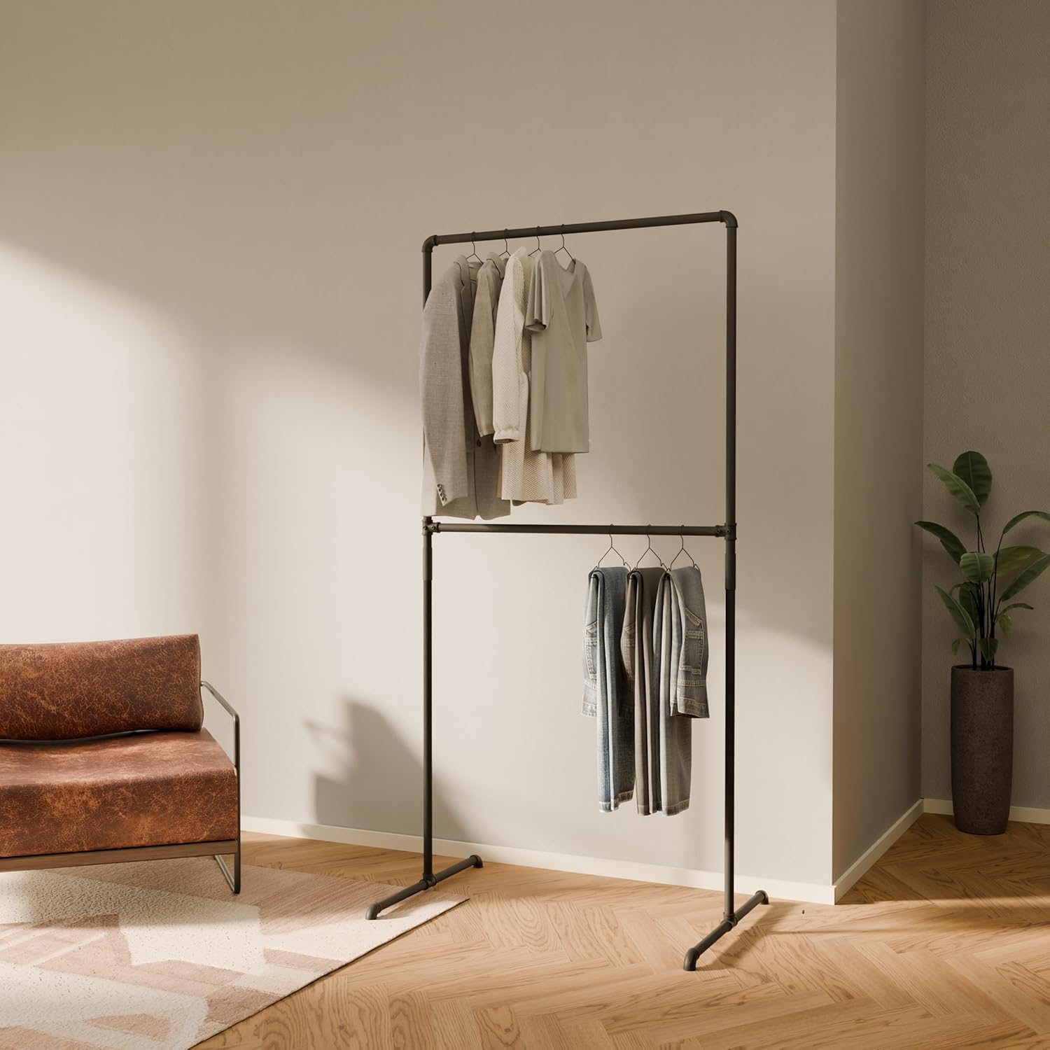 pamo Industrial Design garment rack - LAS I Black - freestanding Coat Rack for Walk-In Wardrobe Wall I Clothes Rack Made of Black Sturdy Pipes freestanding from Water Pipe