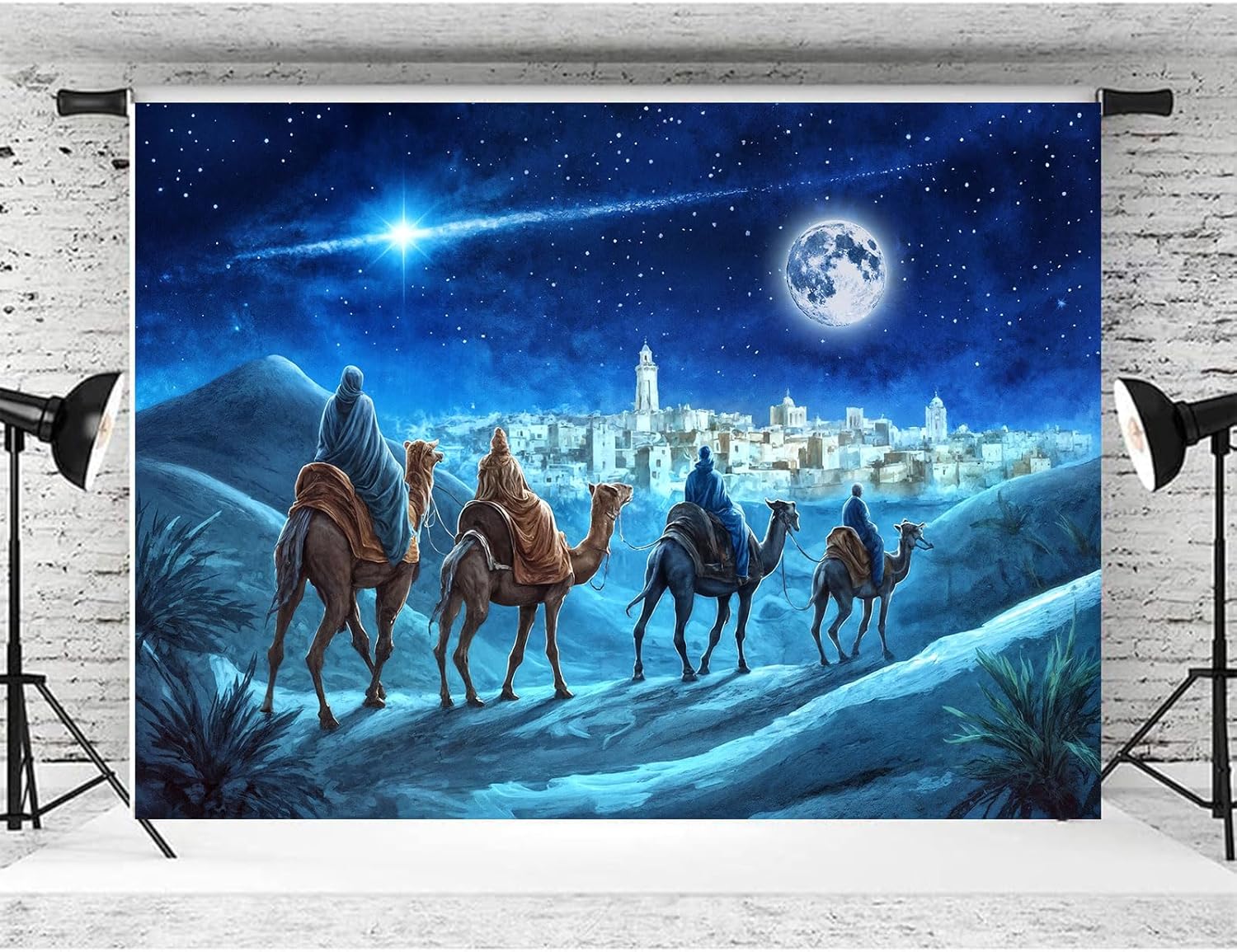 20x10ft Nativity Scene Backdrop Jesus Christmas Birth Banner Night Stars Holy Family and Three Kings Desert Castle Cottage Manger Decor Outdoor Xmas Decor Church Religion Photo Booth Props