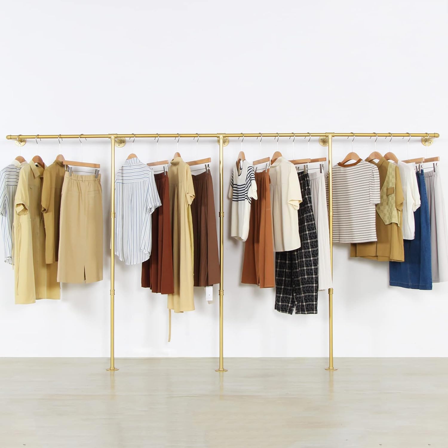 Gold pipe clothing rack for Hanging Clothes rack with 3 T-Bar Design,Nano Gold Finish, Heavy Duty industrial clothing rack wall mounted,Retail Display Rack Closet Storage Clothes Organizer