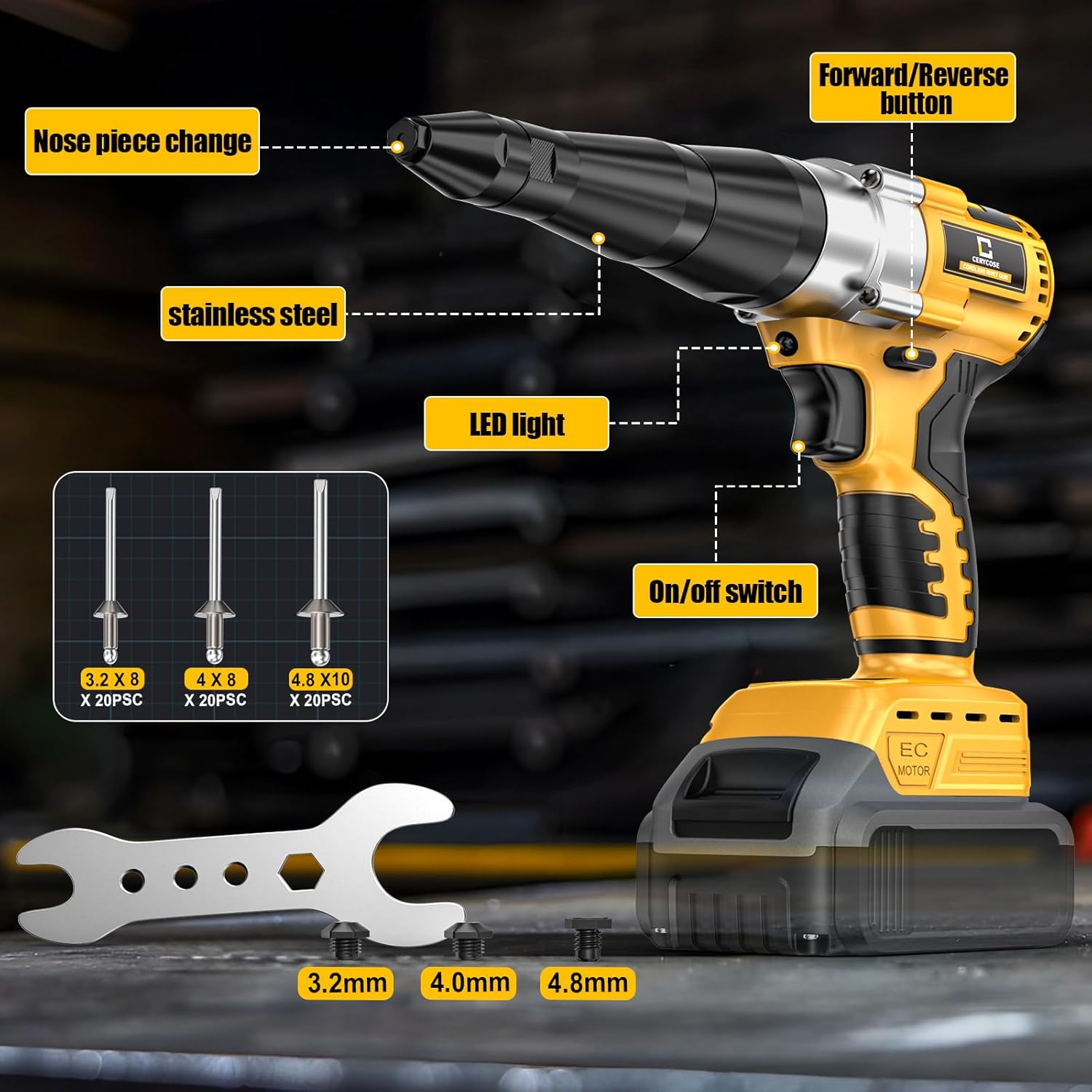 Cordless Rivet Gun Compatible with DeWalt 20V Battery,Brushless Electric Rivet Nut Tool with 3 Sizes Steel Rivets(1/8