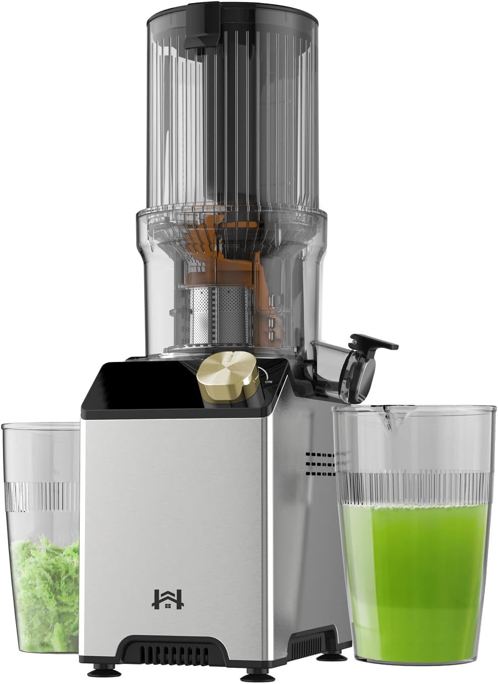 Cold Press Juicer, Juicer Machines with 4.35'' Wide Feed Chute, Stainless Steel Masticating Juicers Easy to Clean, Ergonomic Operational Panel Design, High Juice Yield, Golden Knob
