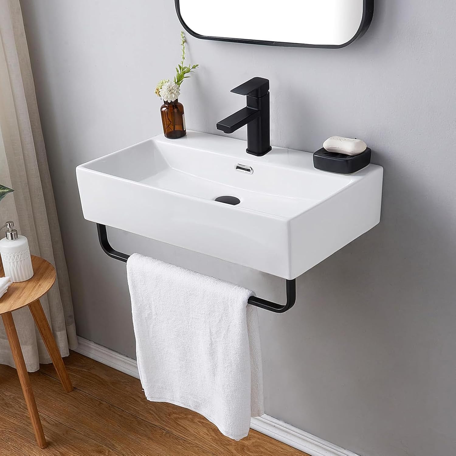 Wall Mounted Bathroom Sink with Towel Rack,White Porcelain Ceramic Vessel Floating Vanity Sinks Art Basin with Faucet Hole and Overflow One Hole Porcelain Ceramic Sinks (8436 White)