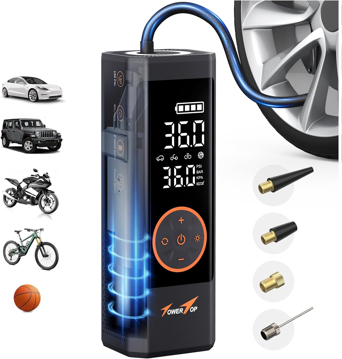 TowerTop Tire Inflator Portable Air Compressor: 2.5X Faster Inflation 150PSI Cordless Tire Inflator with 7800mAh Rechargeable Battery Air Pump for Car Bike Motorcycle Ball Pickup and Truck(Blue)