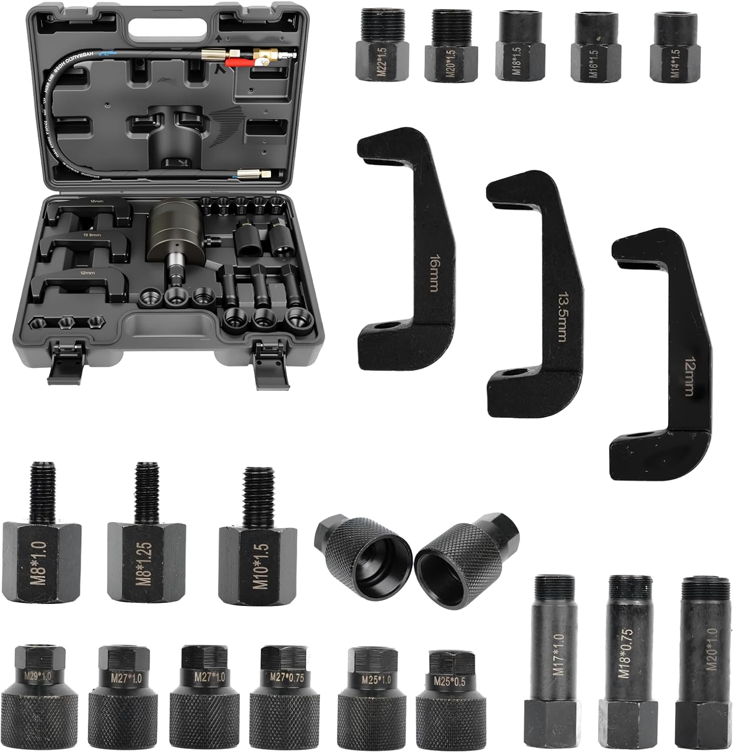 24 Pcs Pneumatic Diesel Injector Puller Tool, Professional Injector Extractor Master Kit, Diesel Injector Puller Tool Set with 19 Adapters, for Diesel Engines