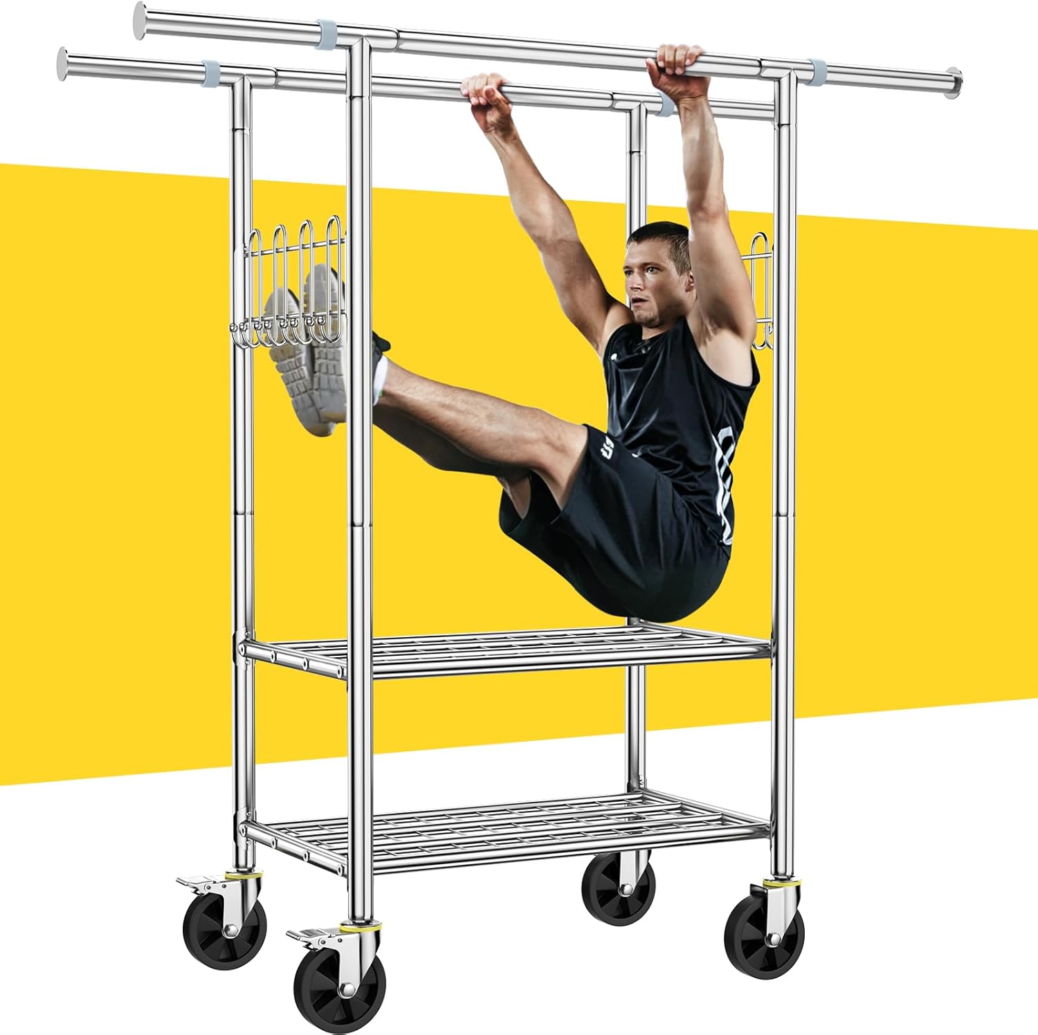 100% Stainless Steel Heavy Duty Clothes Rack, Load 960LBS, Double Rod, Extendable Rolling Garment Rack with Shelves, Modern Style, Recommended for Clothes & Accessories