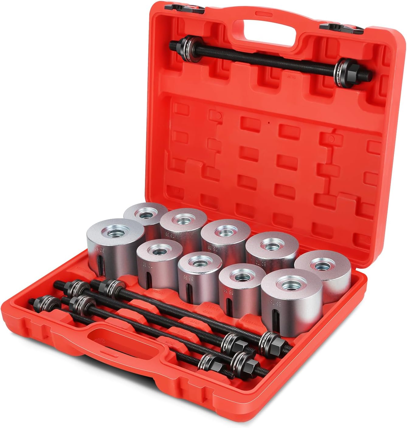 DNA MOTORING 27pcs Universal Press and Pull Sleeve Kit, Wheel Bearing/Suspension Bushing Removal Tool Set w/ 22 Adapters (34-80mm ID) & M10-M18 Press Spindles, TOOLS-00783