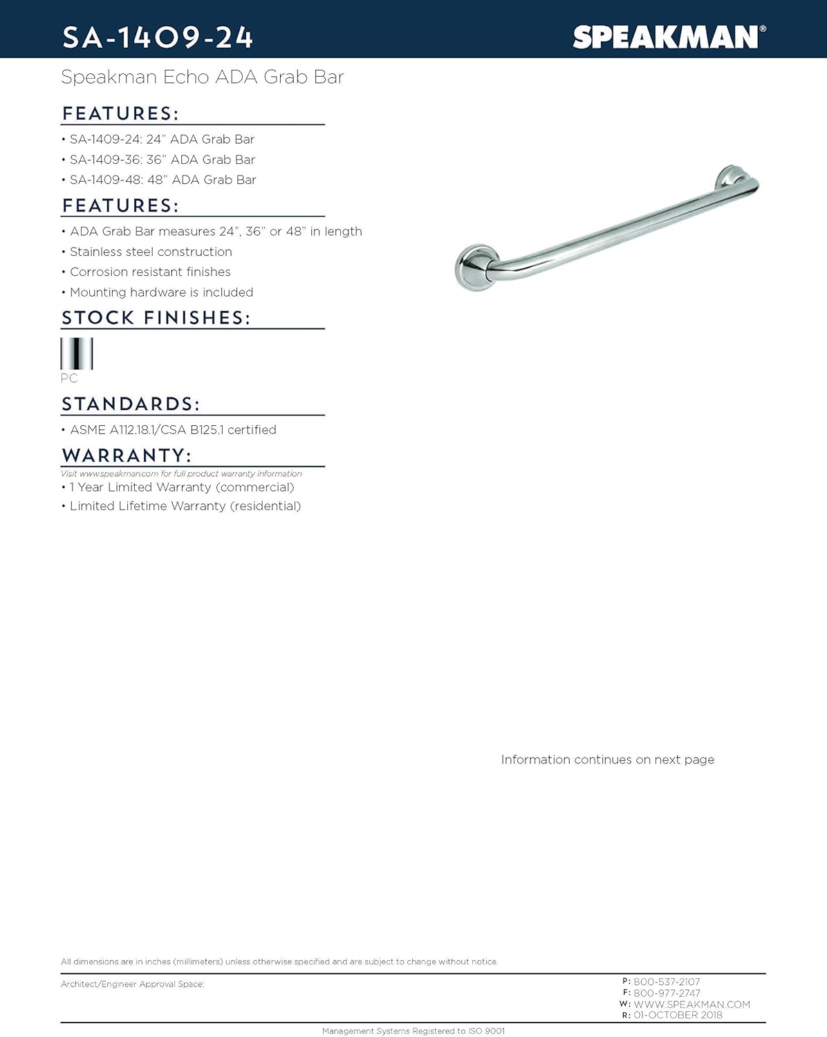 Speakman Polished Chrome, SA-1409-24 Echo ADA Shower Grab Bar, 24-Inch
