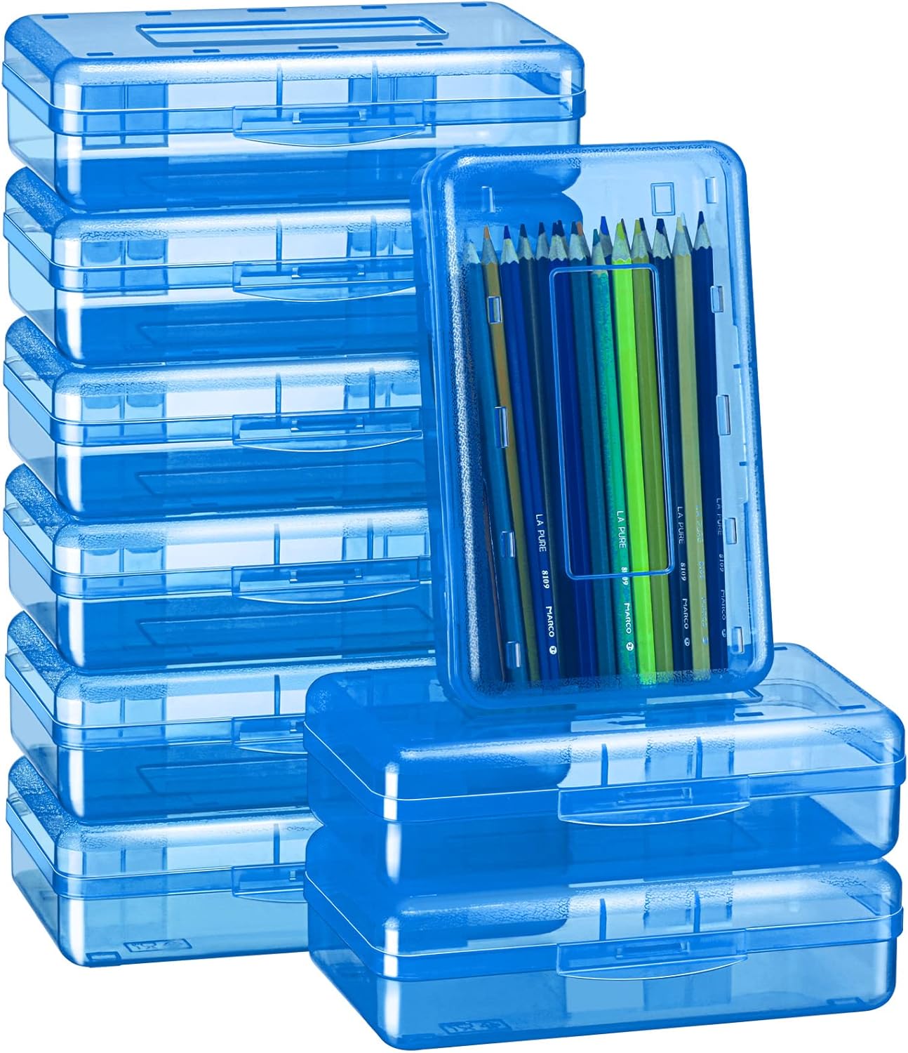 Fainne 24 Pack Pencil Boxes for School Clear Plastic Pencil Case Large Plastic Crayon Box Bulk Stackable Classroom Stationery Organizer School Supplies(Purple)