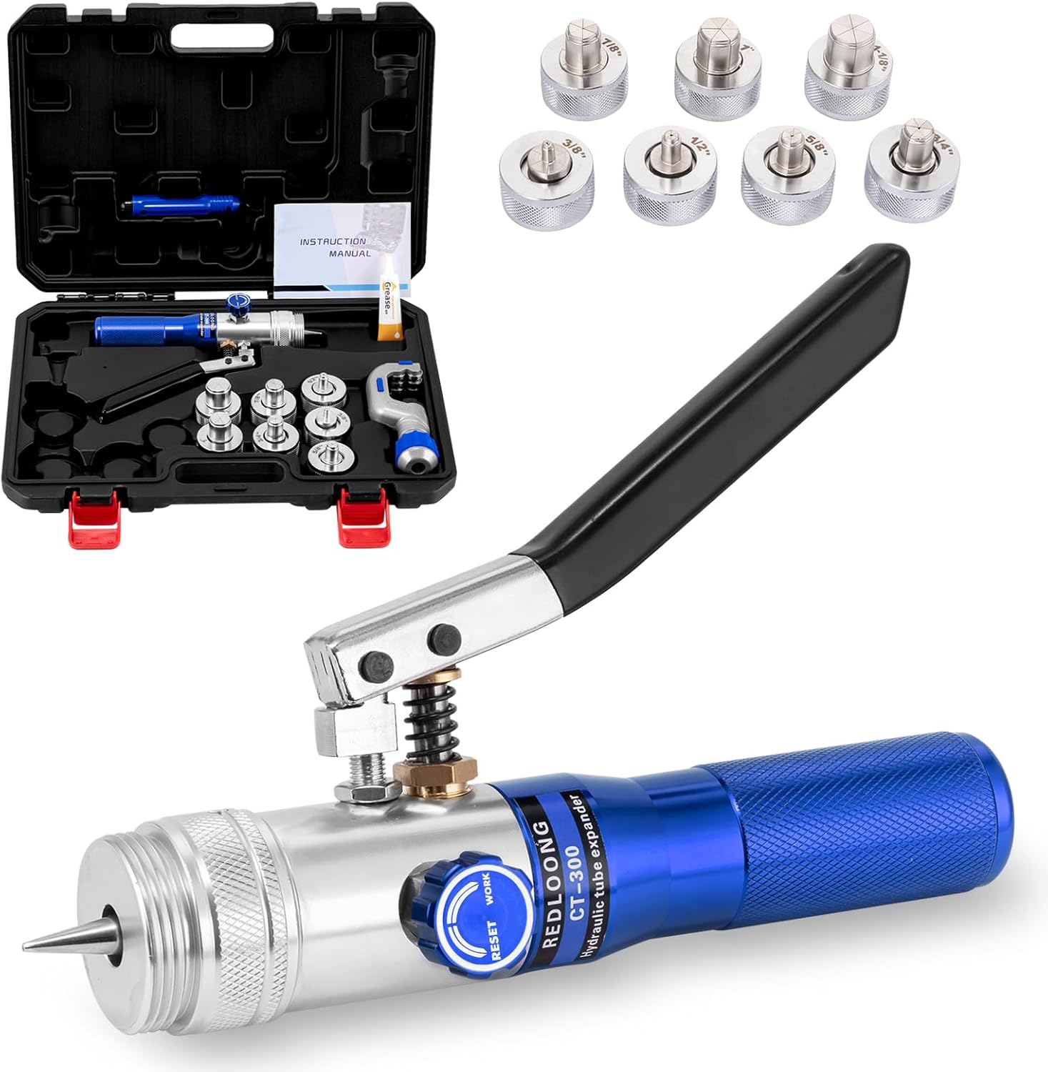 HVAC Swaging Tool Kit – Hydraulic Tube Expander for Copper Pipes, Compact Swage Tool with Tube Cutter, Deburring Tool & 7 Expander Heads (3/8”–1-1/8”) – Blue