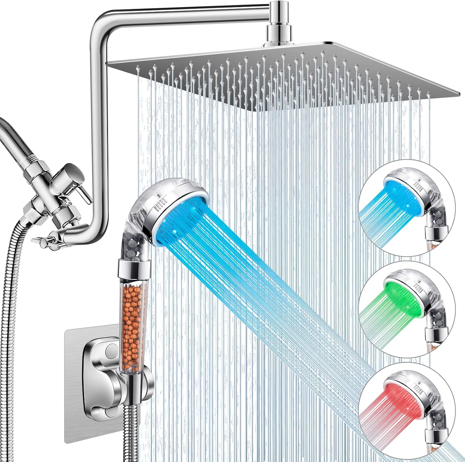 Filtered Shower Head with LED, 12'' Rain Shower Head with Upgraded 12'' Curved Adjustable Extension Arm, High Pressure Color Changing LED Handheld Shower Head with Filter Beads for Hard Water, Chrome