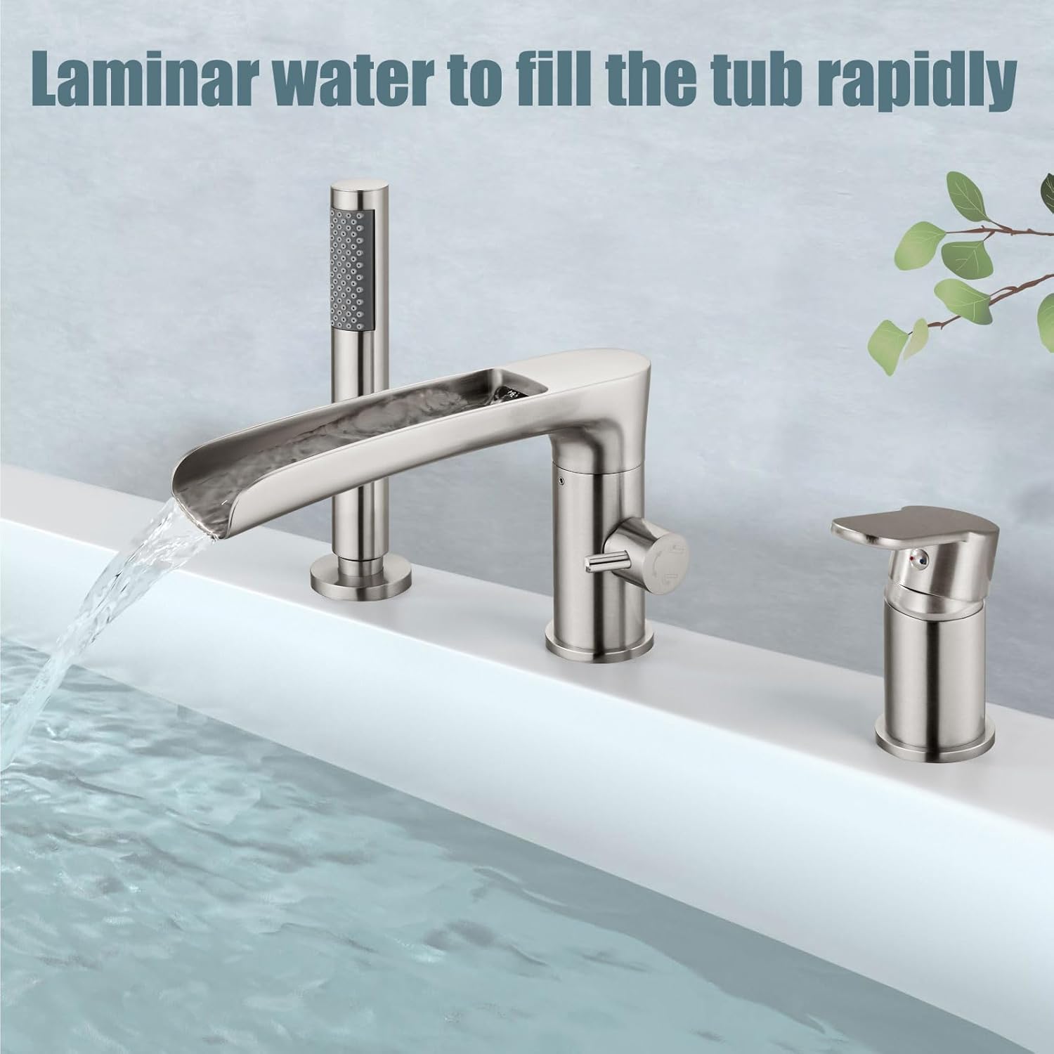 Aolemi Widespread Roman Tub Faucet Single Handle Modern Bathroom Bathtub Faucet Set Deck Mount Swivel Tub Filler with Handheld Sprayer 3 Holes Bath Brushed Nickel Waterfall Spout