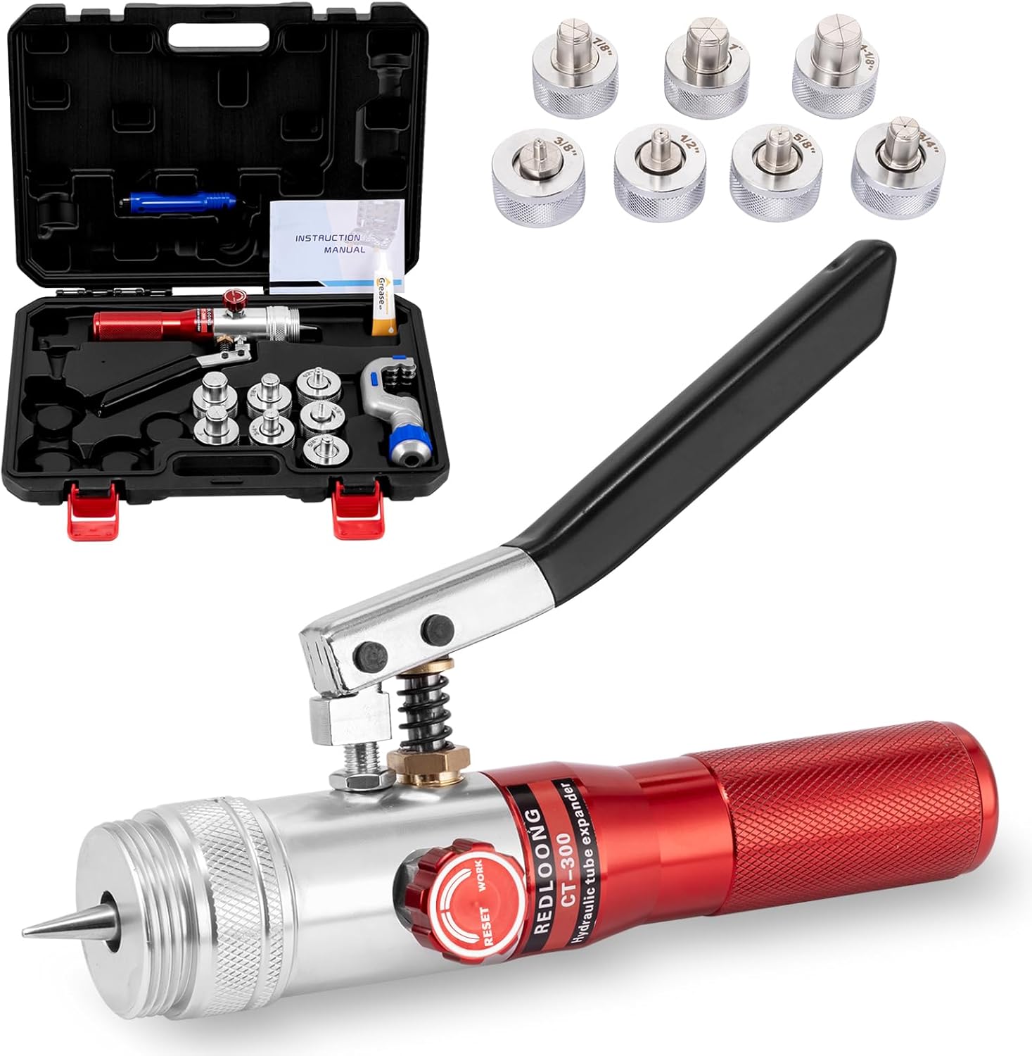 HVAC Swaging Tool Kit – Hydraulic Tube Expander for Copper Pipes, Compact Swage Tool with Tube Cutter, Deburring Tool & 7 Expander Heads (3/8”–1-1/8”) – Blue