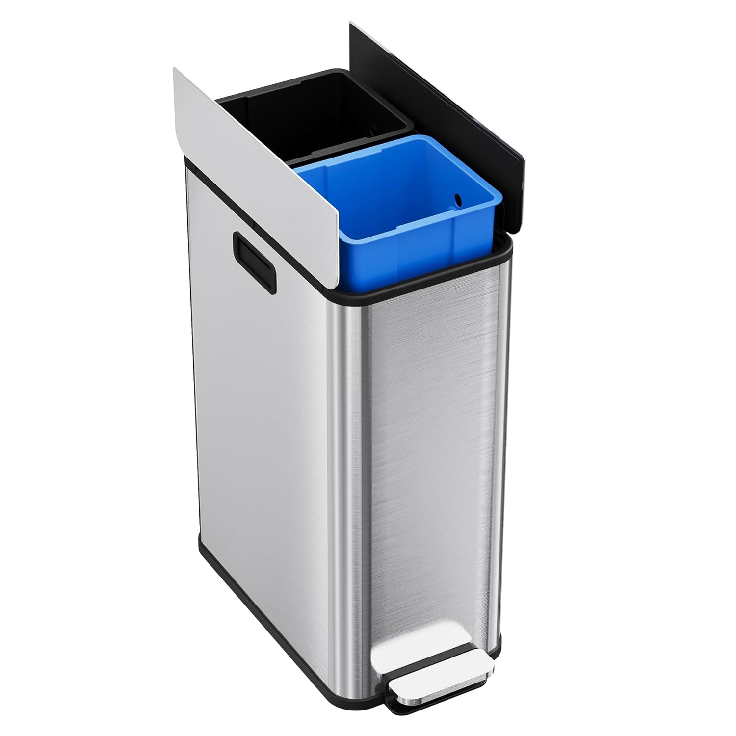 GarveeHome 14.8 gal Dual Compartment Step Trash Can, Stainless Steel Kitchen Bin with Butterfly Lid & Foot Pedal, 2x7.4 gal Removable Buckets for Easy Waste and Recycling, Silver