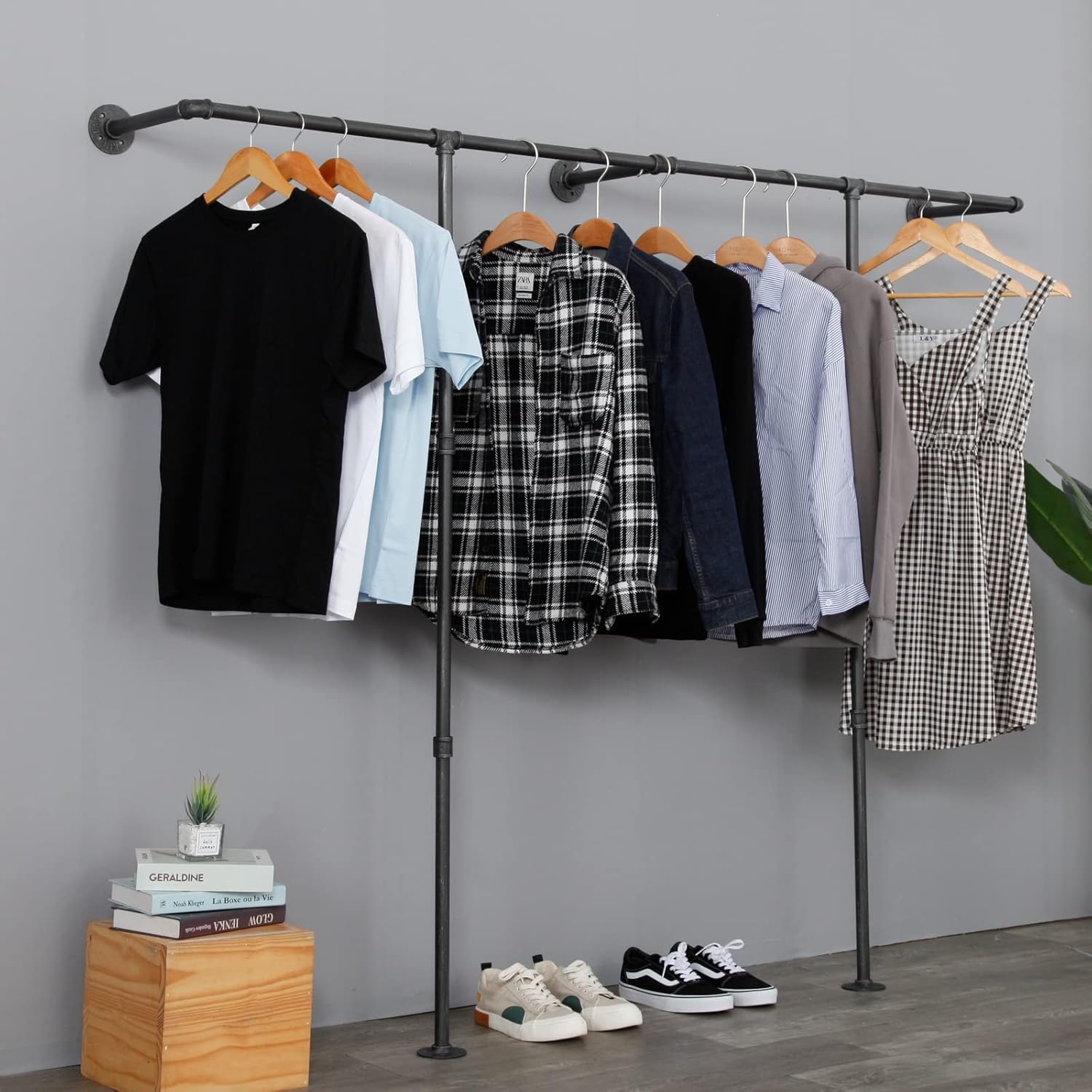 Gold pipe clothing rack for Hanging Clothes rack with 3 T-Bar Design,Nano Gold Finish, Heavy Duty industrial clothing rack wall mounted,Retail Display Rack Closet Storage Clothes Organizer