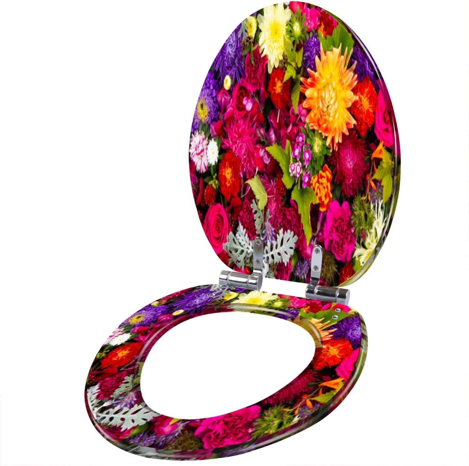 Resin Elongated Toilet Seat with Cover Quiet Close Quick Release Hinges Close up pink Damask Rose flower Decorative Toilet Seat Easy to Clean Install Home Decor
