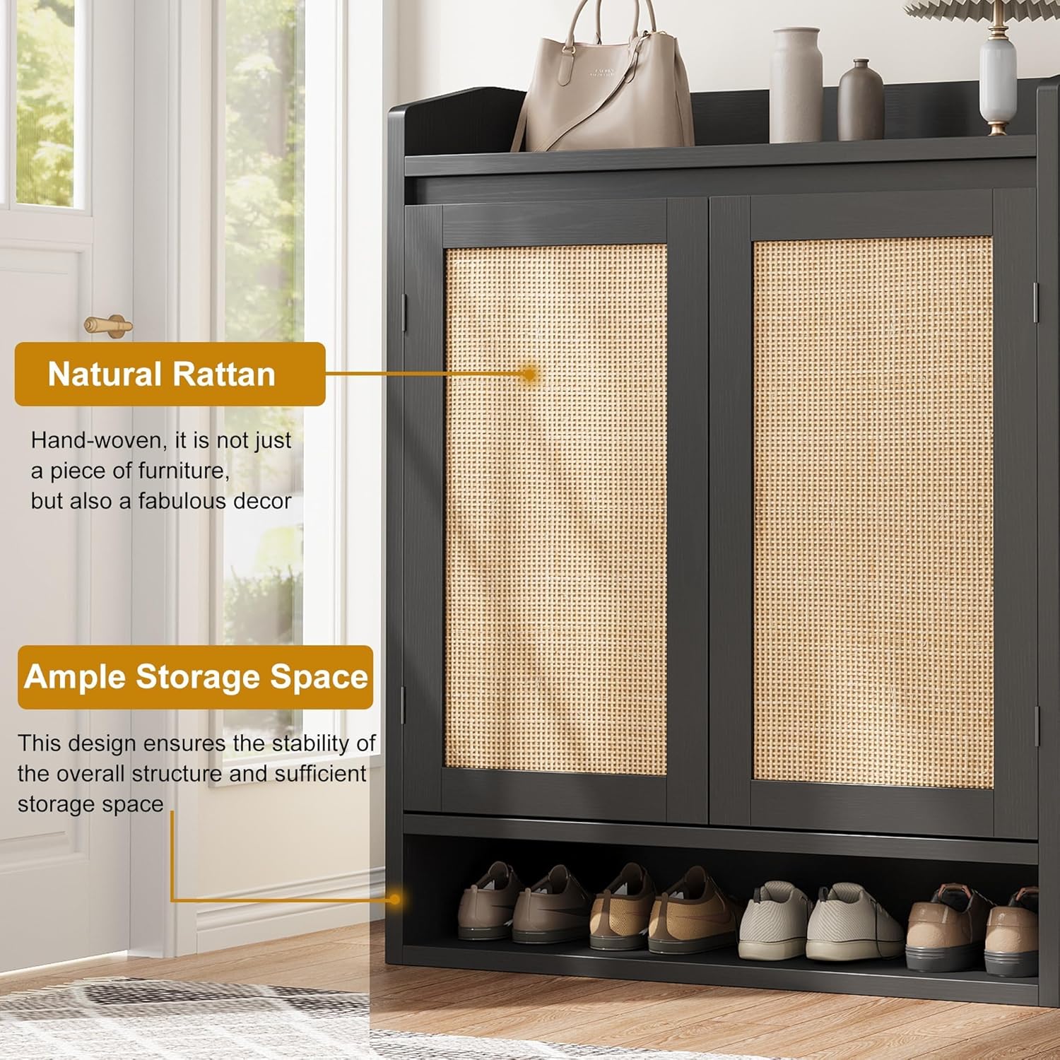 Modern Rattan Shoe Cabinet for Entryway, Wooden Shoe Storage Organizer with Adjustable Shelves, Closed Shoe Rack Cabinet for Hallway, Living Room, Bedroom