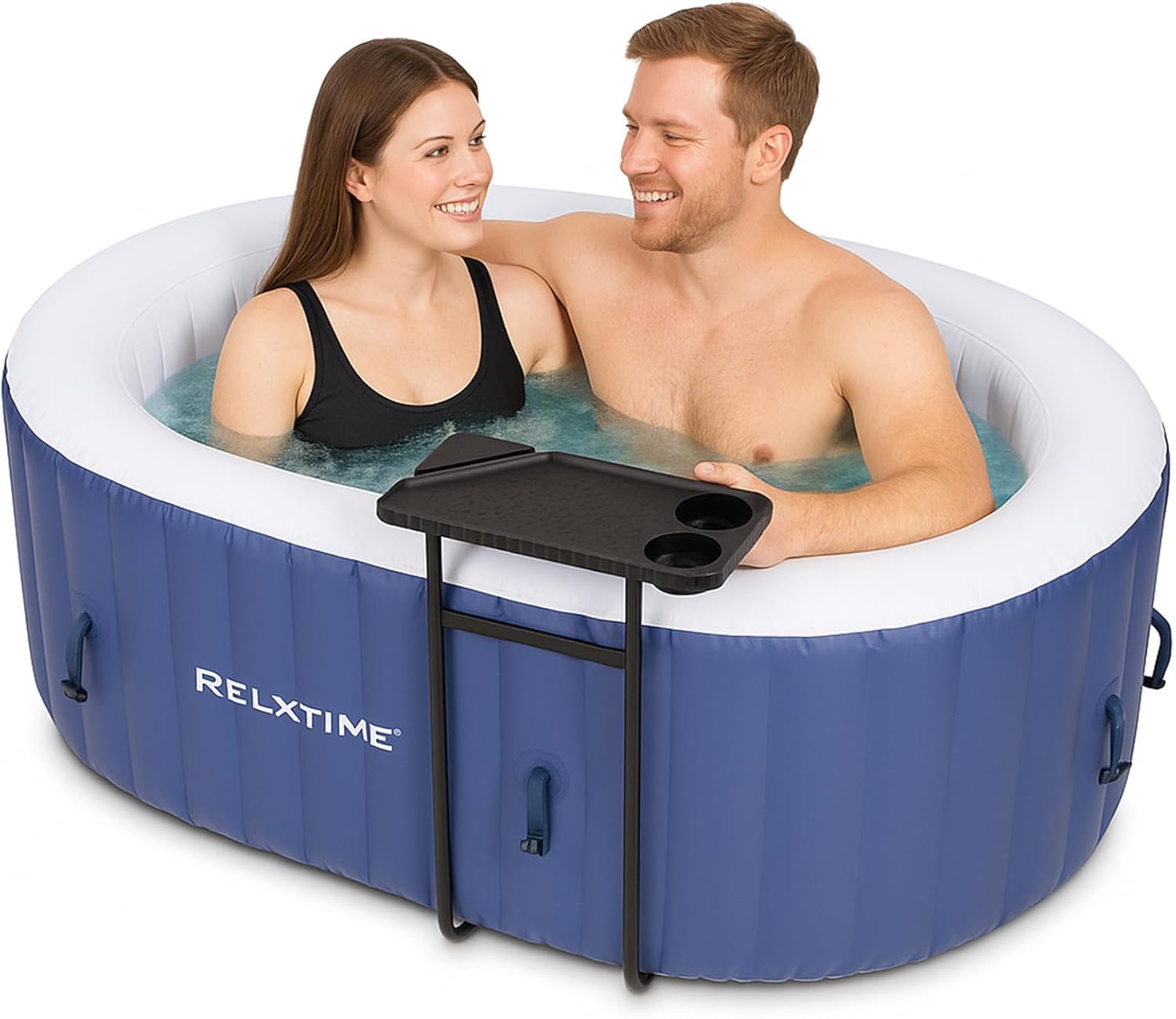 Inflatable 2 Person Hot Tub Outdoor, 100 Air Jets Portable Oval Spa with Built in Heater Pump, Blow Up Hottub for Relaxation, Table Tray, 2 Filters, Blue