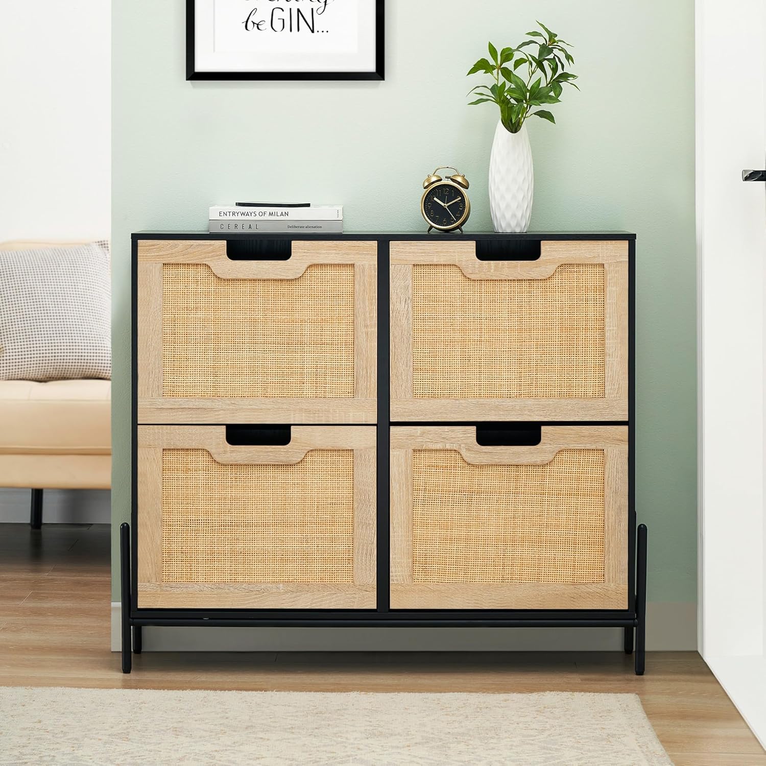 GAOMON Natural Rattan 4 Flip Door Shoe Rack Storage Cabinet, Shoe Cabinet Organizer Freestanding with 3-Tier Adjustable Shelves for Entryway, Entrance Hallway (4 Flip Doors, Black)