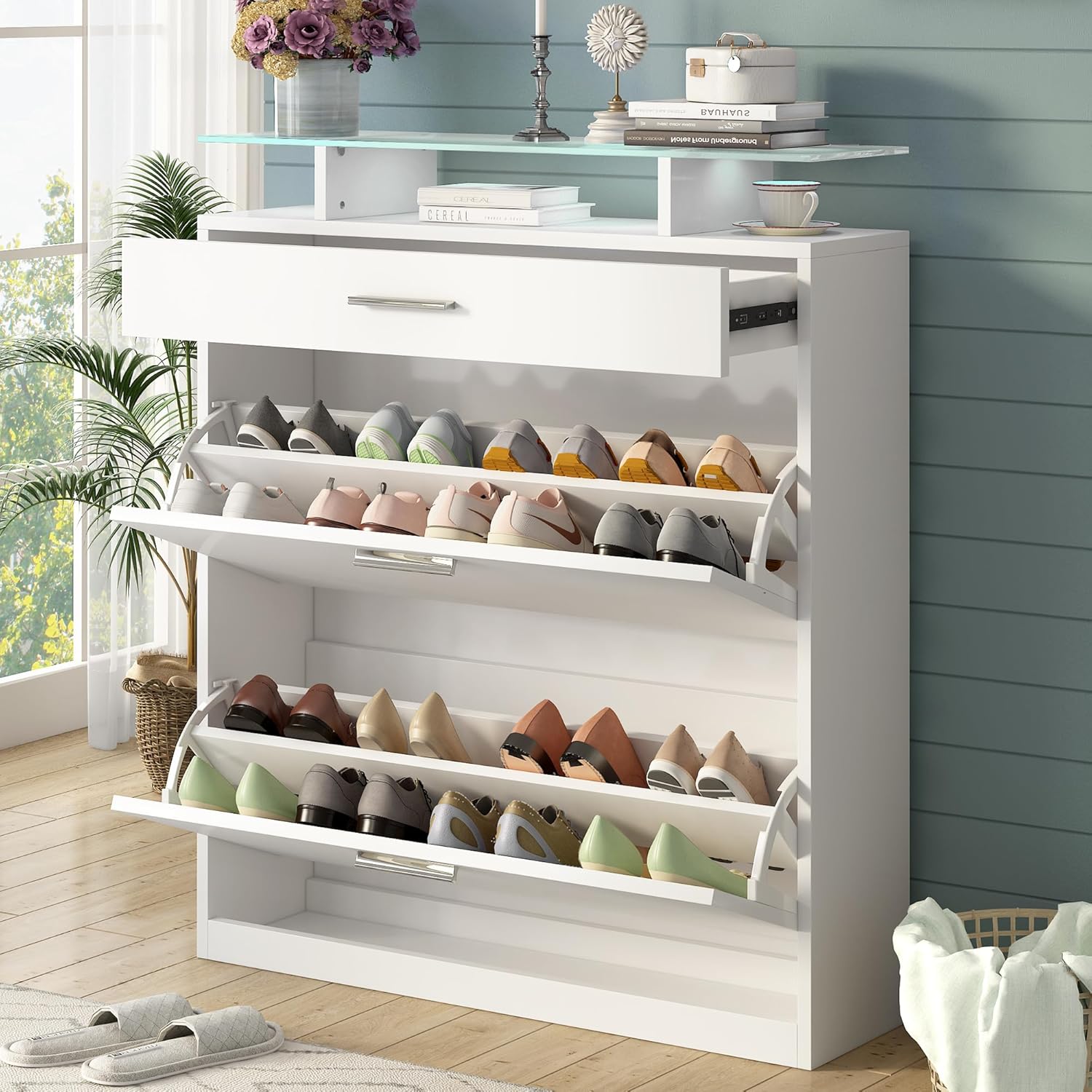 Shoe Cabinet with 2 Flip Drawers, Freestanding Shoe Rack with LED Light, Shoe Rack for Closet Storage Cabinet with Adjustable Shelf & Anti-Tipping Device, Shoe Storage Cabinet Entryway, White