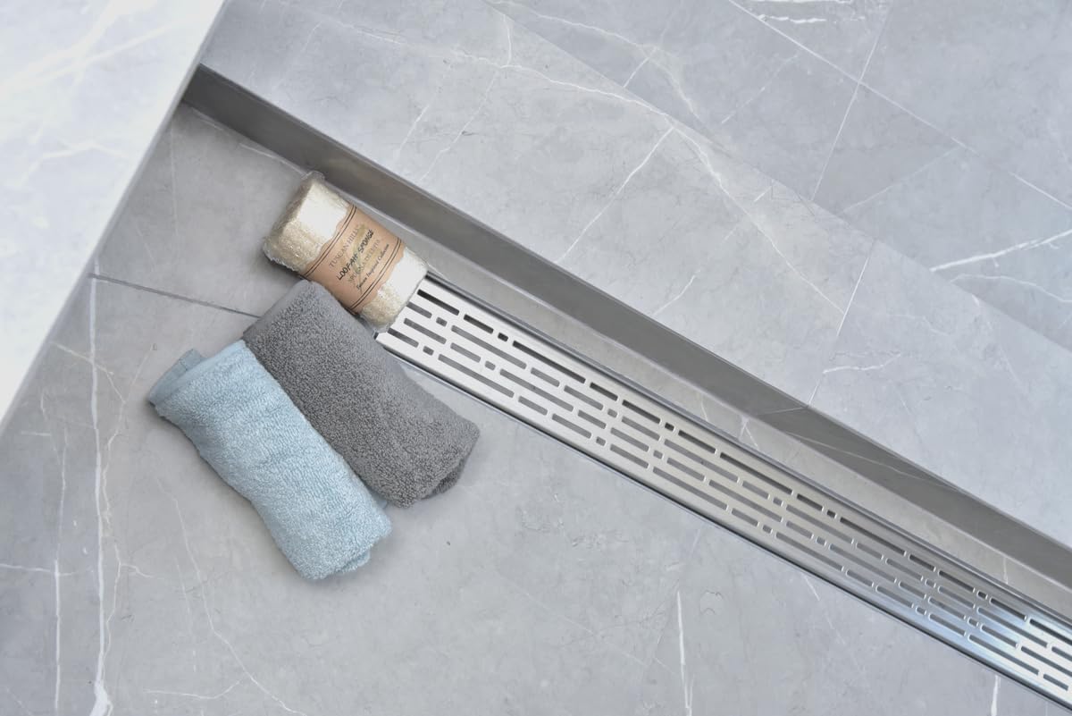 SereneDrains 304 Stainless Steel Brushed Nickel Linear Shower Drain Kit Broken Lane Linear Shower Drains for Tile Floor Long Hair Catcher Strainer Grate Cover Bathroom (Brushed Nickel, 16 Inch)