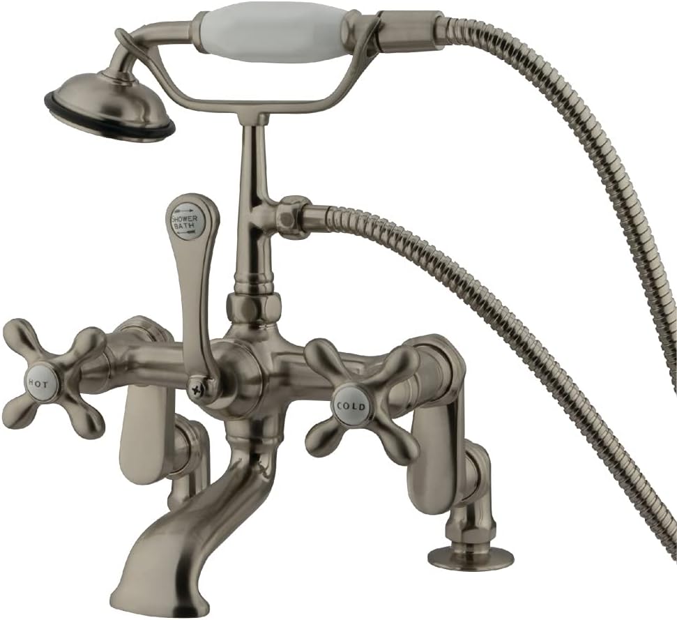 Kingston Brass CC658T1 Vintage 4-to-13-Inch Adjustable Center Deck Mount Leg Tub Filler with Hand Shower, Metal Cross Handle, Polished Chrome