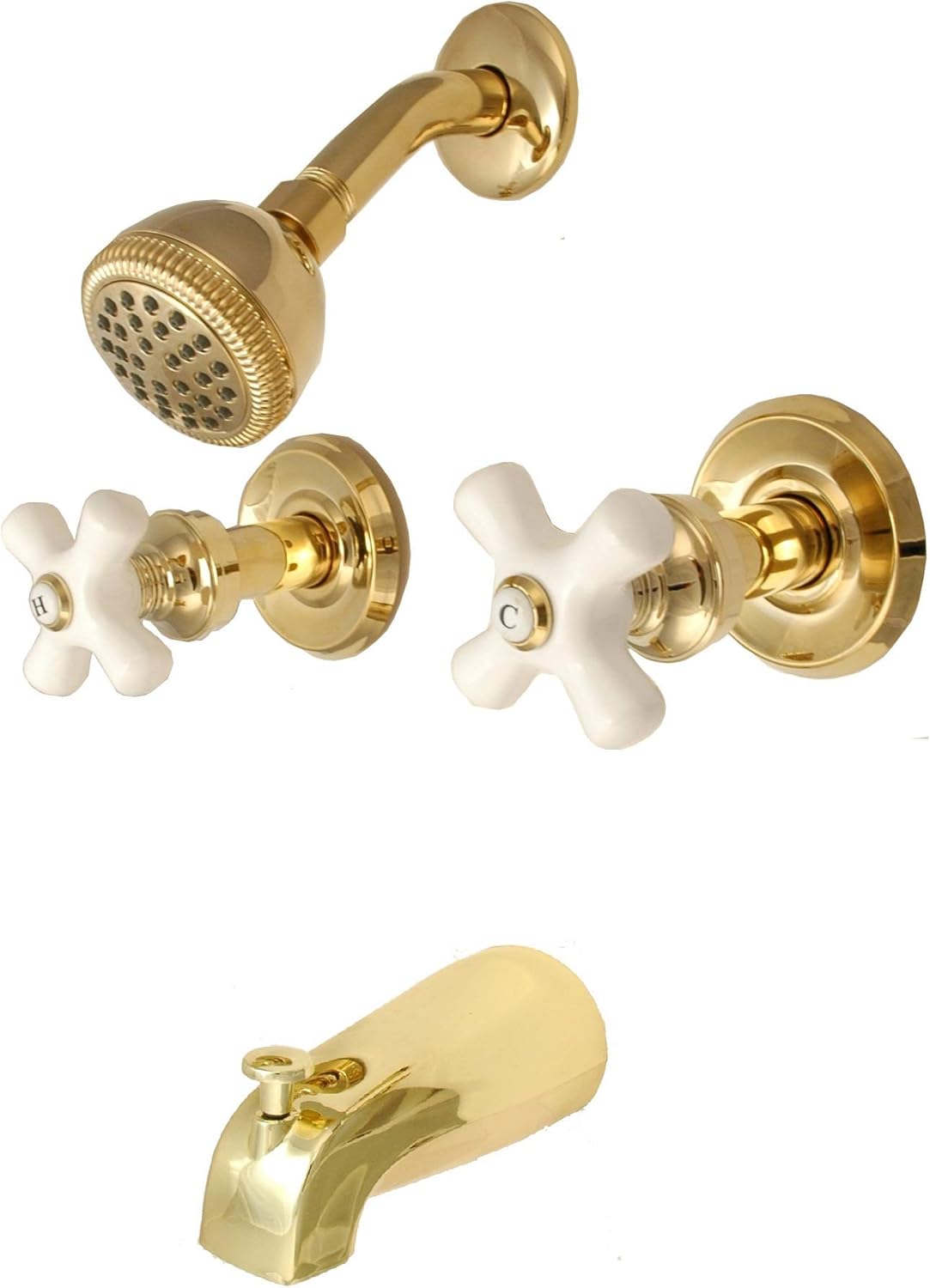 Trim Kit for Delta, Peerless 2-handle Washerless Cartridge Shower Valve, Polish Brass Finish, With Porcelain Cross Handles and 2 1/2