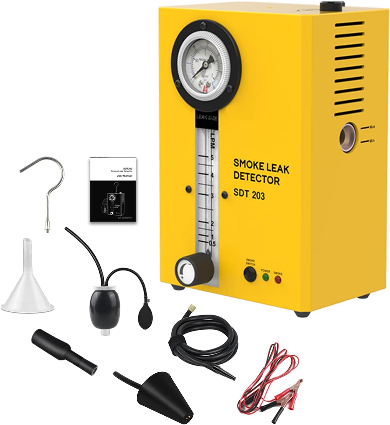 Smoke Leak Detector SDT203 EVAP Vacuum Diagnostic Leak Detector Tester, Automotive Smoke Machine, Portable Fuel Pipes Leakage Detector Tester With Pressure Gauge,Adjustable Flow Meter For 12V Vehicles