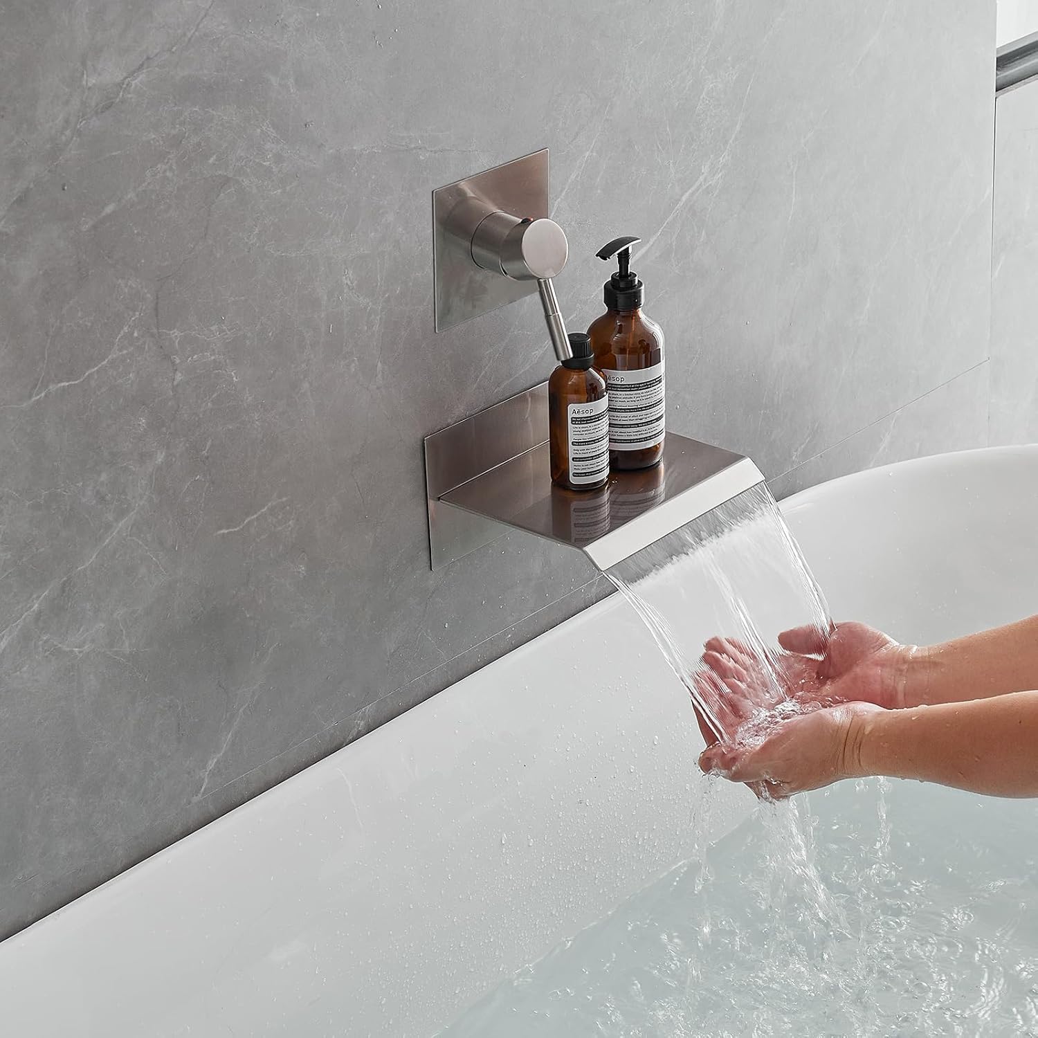 Wall Mount Tub Filler Bathtub Faucet High Flow Single Handle Shower Faucets Waterfall Tub Spout Rough in Valve Bathroom Sink Faucet Brushed Nickel