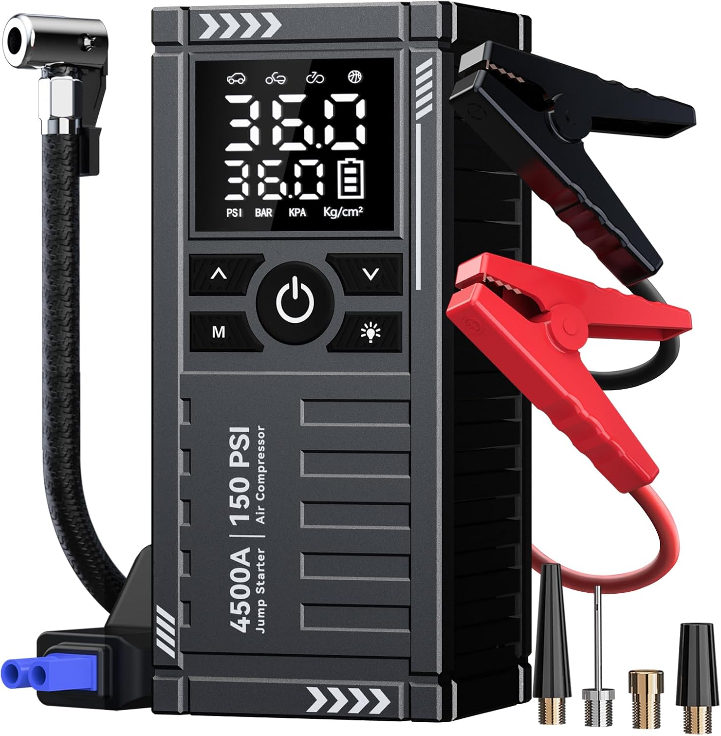 Car Battery Jump Starter with Air Compressor - 4500A 150PSI Portable Car Jump Starters (All Gas/ 12L Diesel) with Tire Inflator, 12V Car Battery Jump Box with Jumper Cables, LCD Display, LED Light