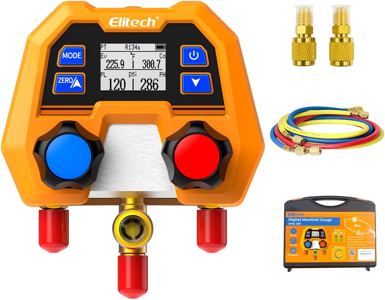 Elitech Digital Manifold Gauge Set for HVAC, Refrigeration & AC Systems, Supports R410A/R454B/R134 etc. Refrigerants, LCD Display, DMG-2SE with 3 Color Hoses & 2 R410A Adapters