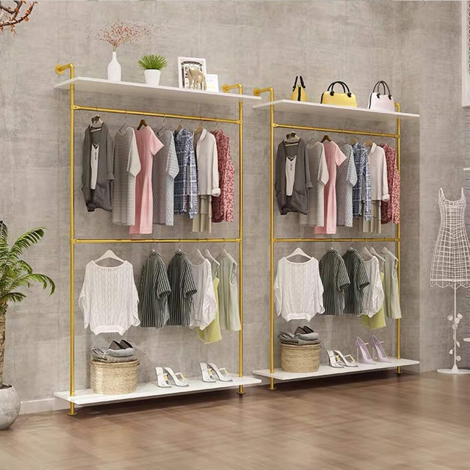 Modern Simple Industrial 2 Tier Wood and Pipe Double Hanging Rods Clothing Garment Rack,Retail Display Wall Mounted Storage Clothes Hanging Shelf,(One Shelves,Gold, 47.2