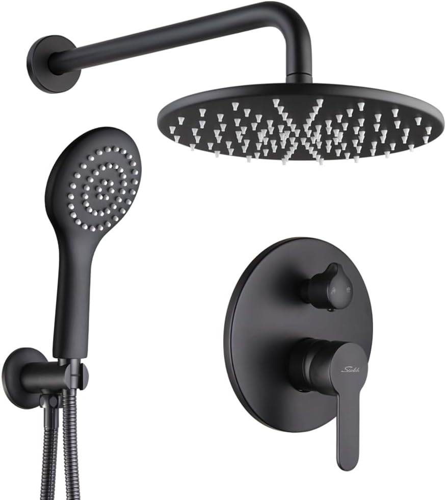 All Metal Shower System with 10 Inch Stainless Steel Round Shower Head with Handheld Spray, Wall Mounted High Pressure Shower Faucet Set,Valve Included,Matte Black