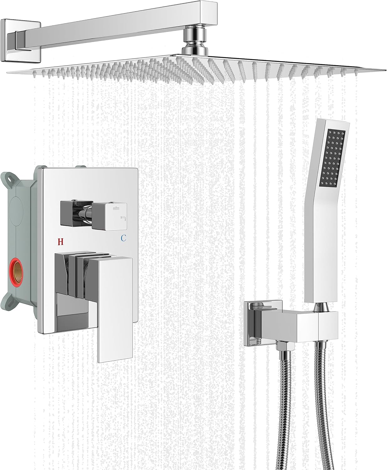 Eridanus 12 Inches Bathroom Luxury Rain Mixer Combo Set Wall Mounted Rainfall Shower Head Set Polished Chrome (Contain Faucet Rough-in Valve Body and Trim), 2-Function