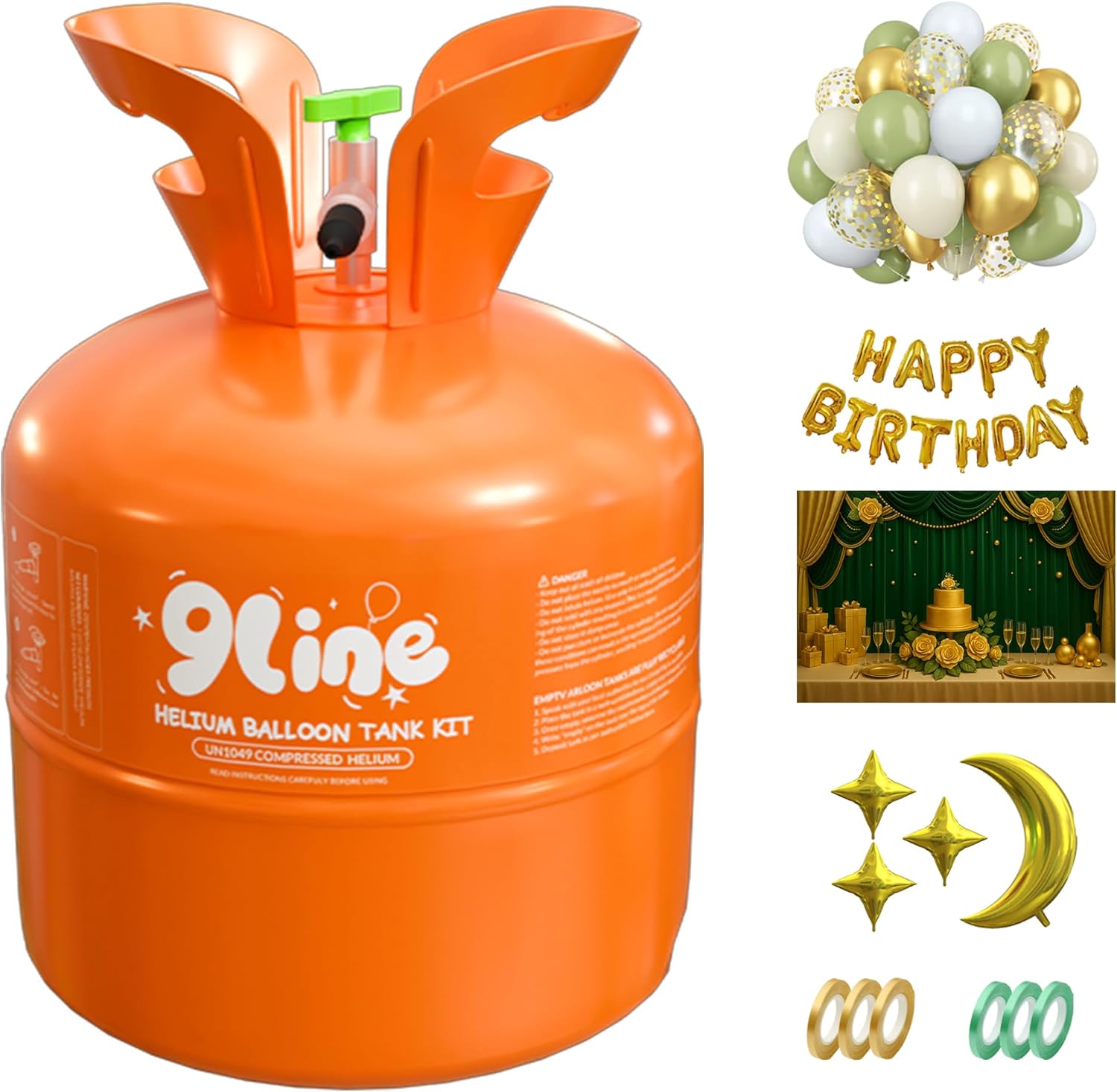 Helium Tank for Balloons At Home 13L Helium Tank, 50 Pack12-lnch Black&Gold Latex Balloons, 15 Foil Balloons, 1 Happy Birthday 5.9X3.6Ft Backdrop, 8 Accessory Tools