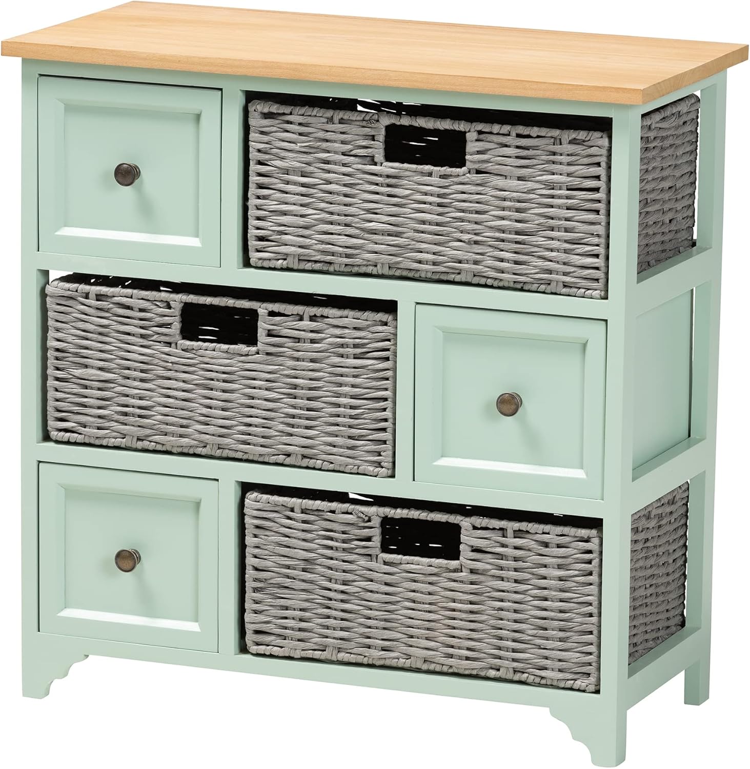Baxton Studio Valtina Storage & Organization, 3-Drawer, Oak Brown/Grey/Mint Green